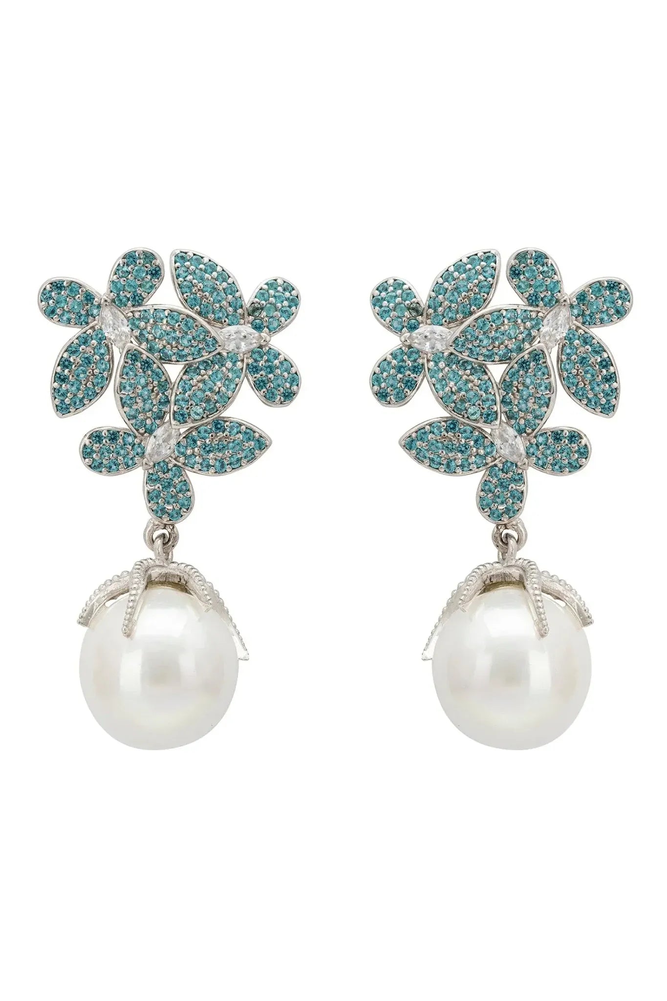 Flowers Baroque Pearl Earrings Aqua Blue Silver - LATELITA Earrings
