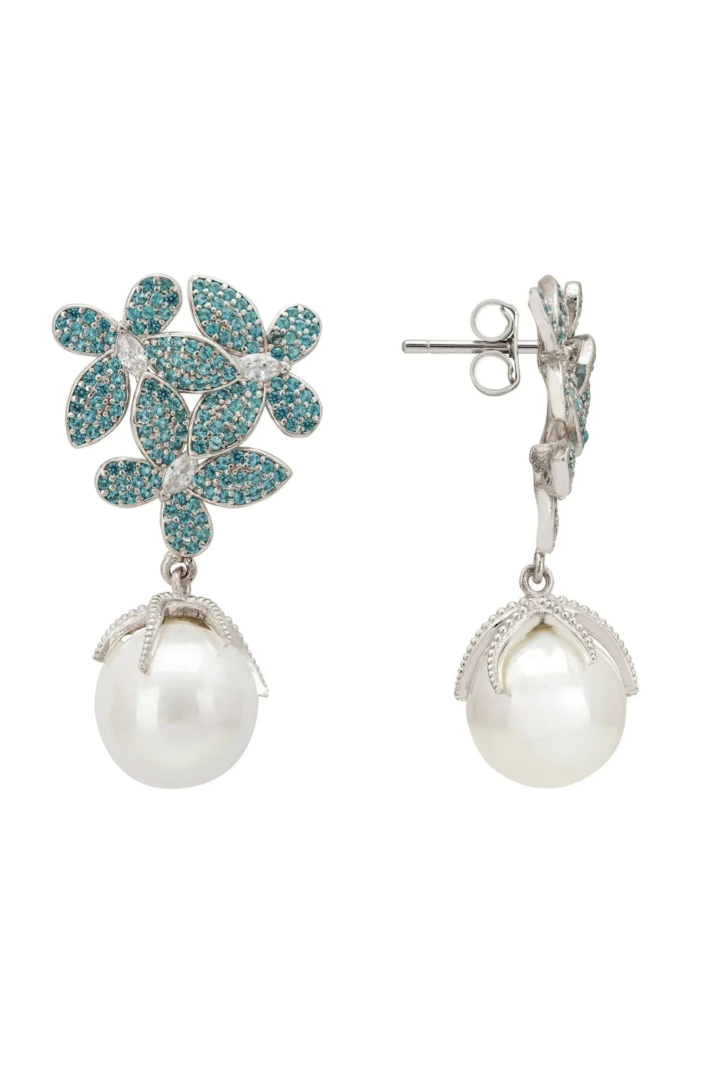 Flowers Baroque Pearl Earrings Aqua Blue Silver - LATELITA Earrings