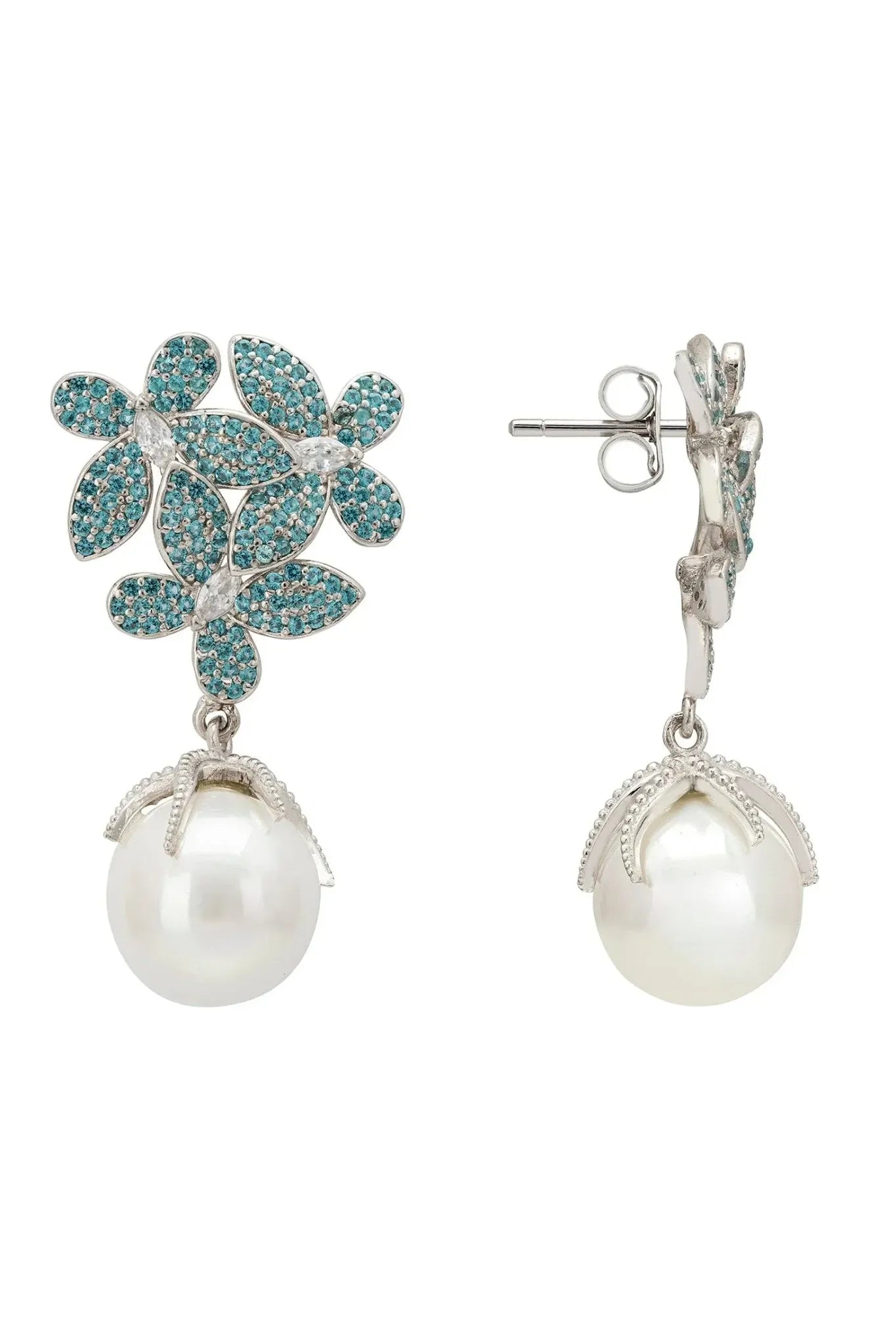 Flowers Baroque Pearl Earrings Aqua Blue Silver - LATELITA Earrings