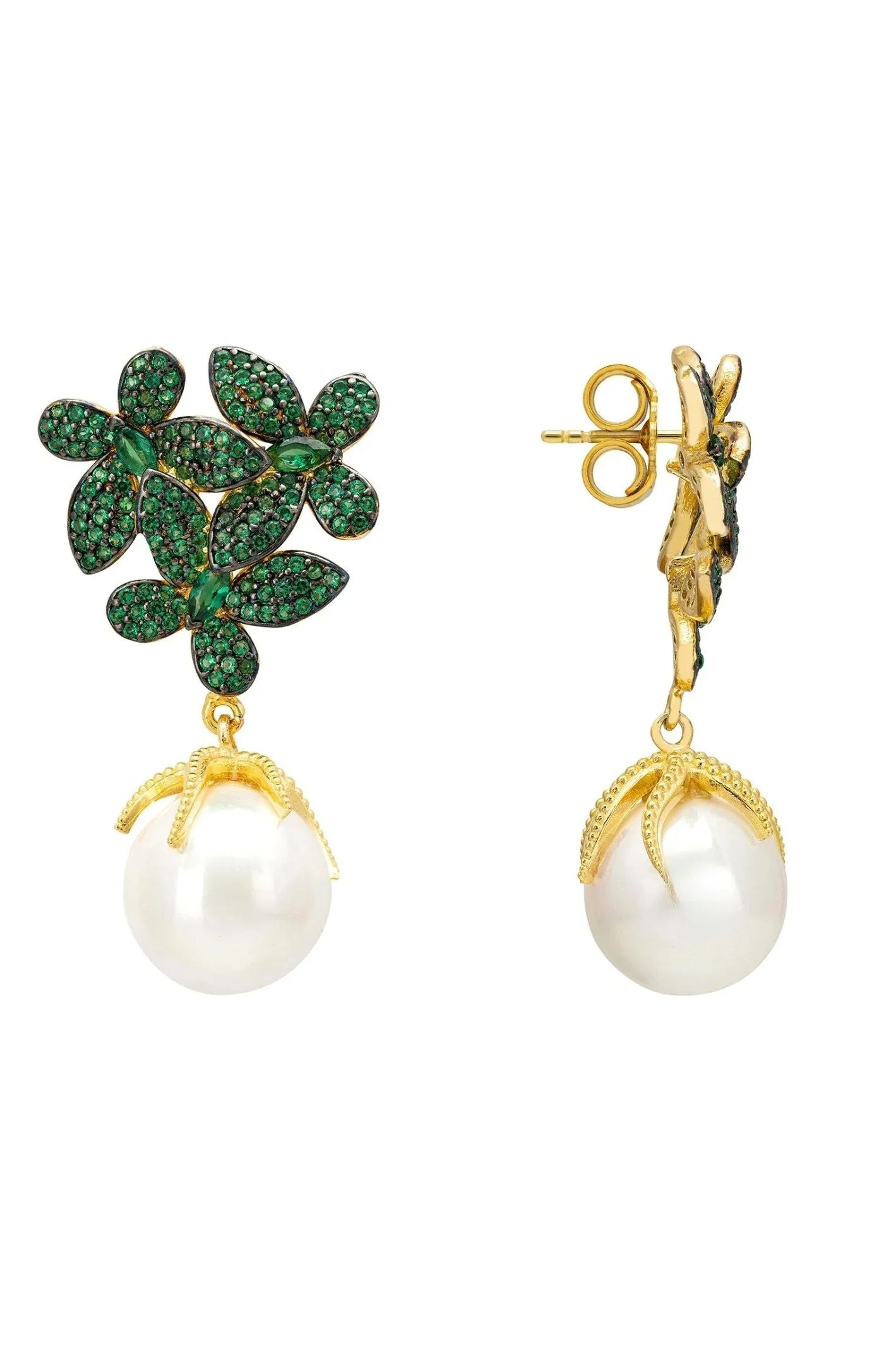 Flowers Baroque Pearl Earrings Emerald Green Gold - LATELITA Earrings