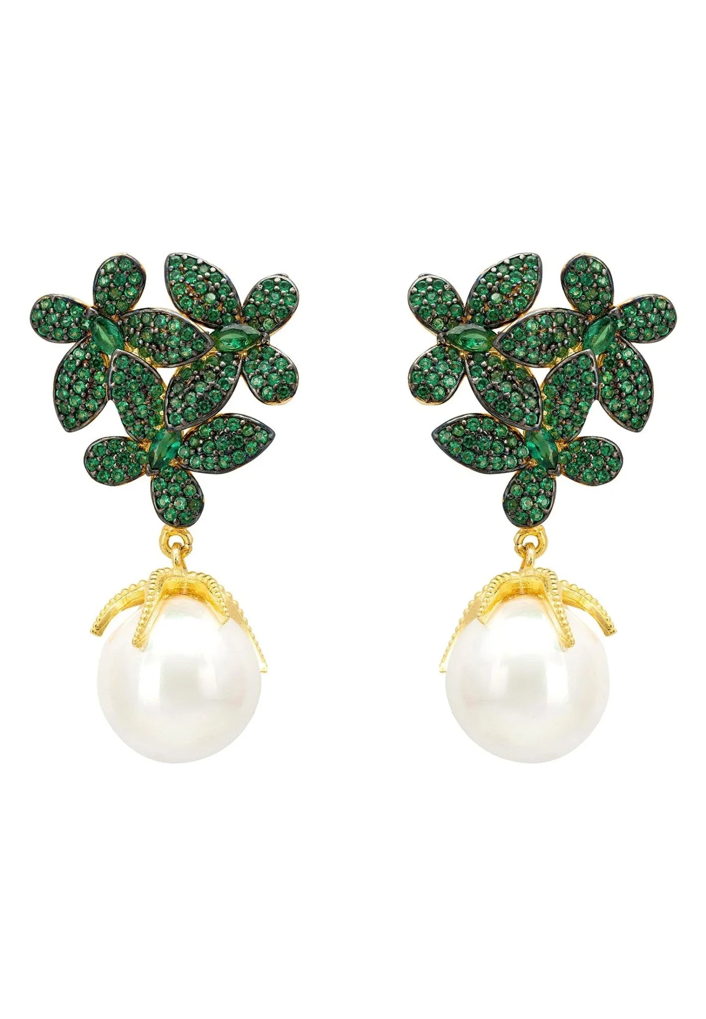 Flowers Baroque Pearl Earrings Emerald Green Gold - LATELITA Earrings