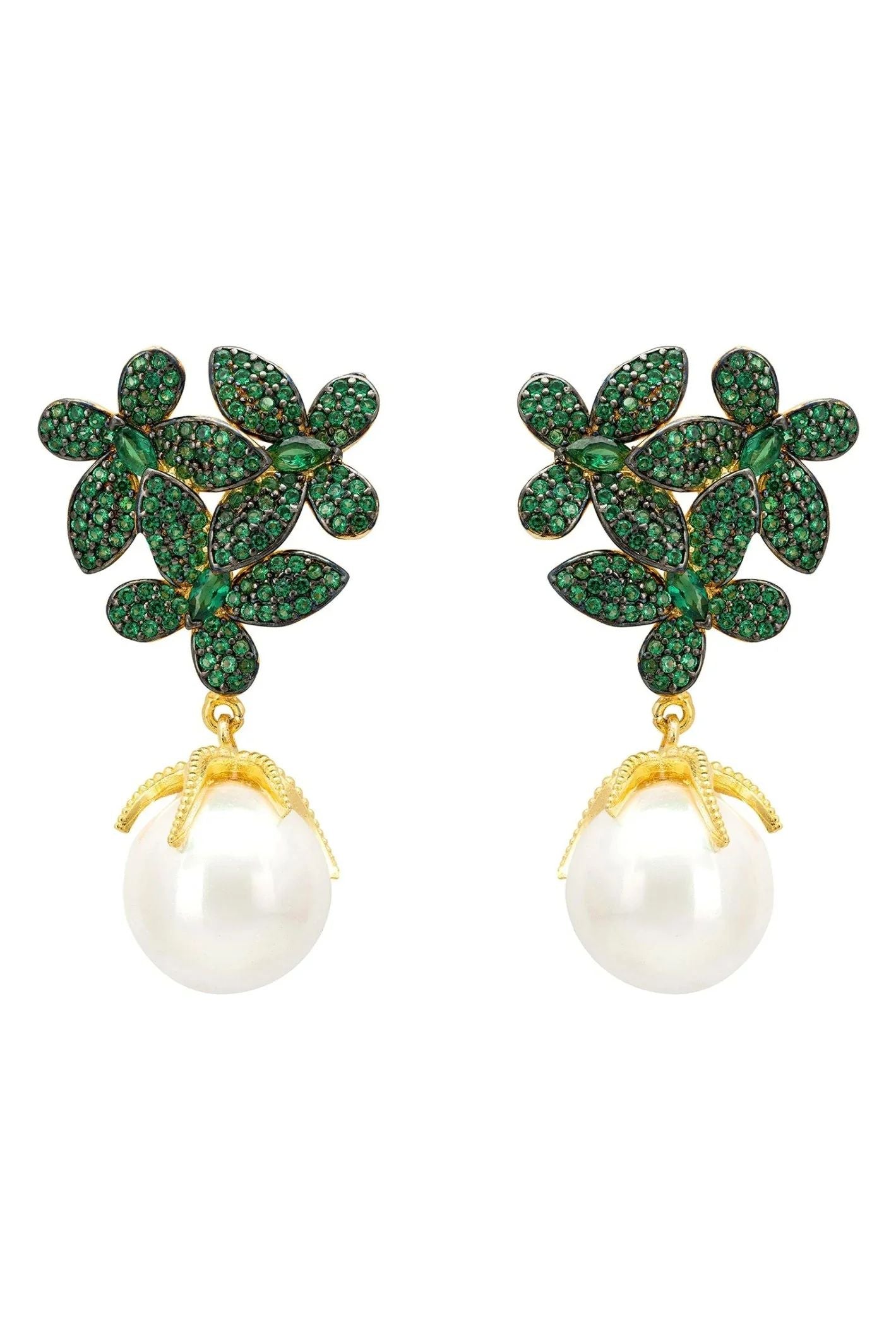 Flowers Baroque Pearl Earrings Emerald Green Gold - LATELITA Earrings