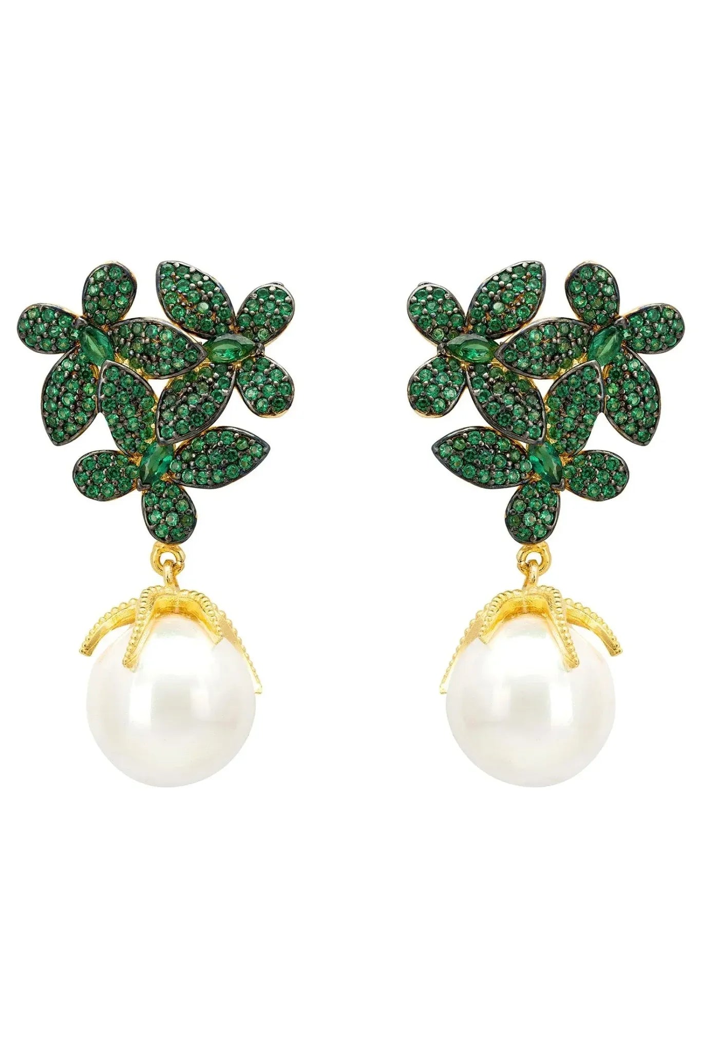 Flowers Baroque Pearl Earrings Emerald Green Gold - LATELITA Earrings