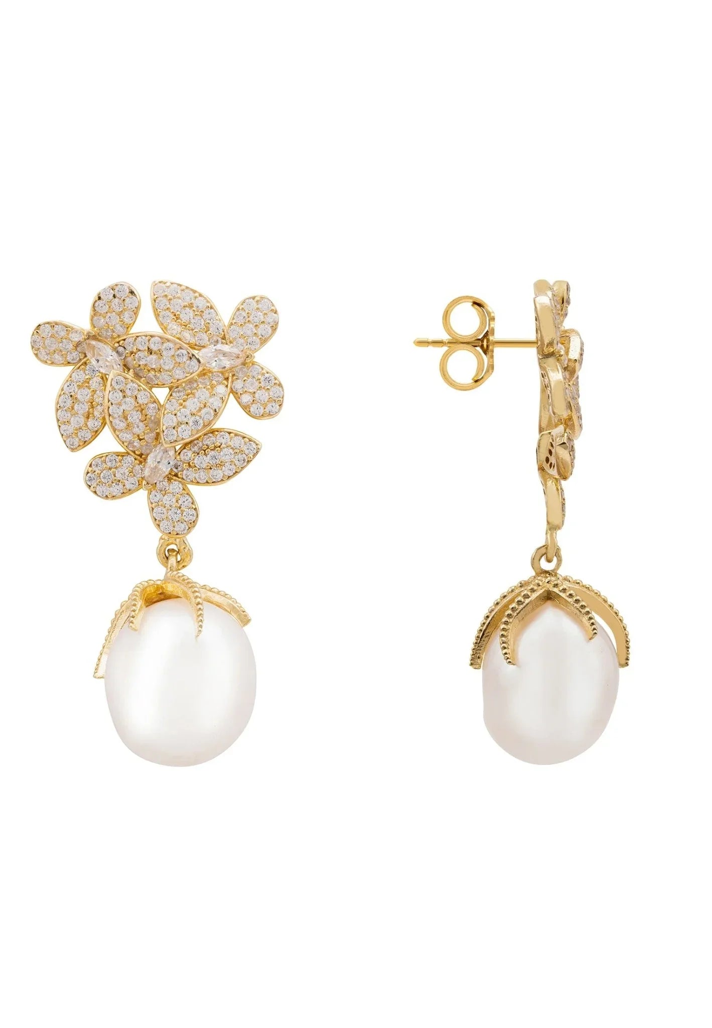 Flowers Baroque Pearl Earrings Gold White - LATELITA Earrings
