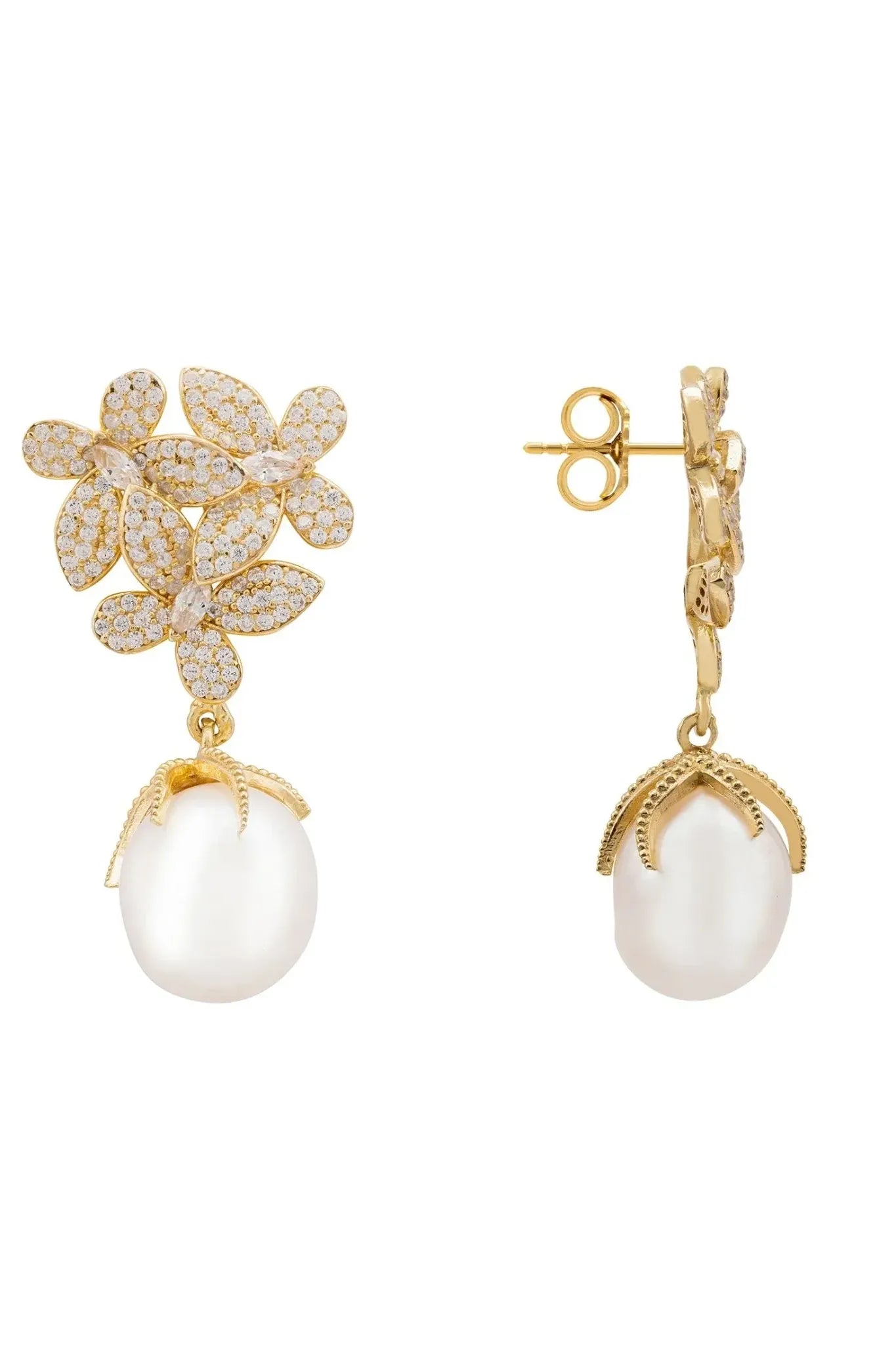 Flowers Baroque Pearl Earrings Gold White - LATELITA Earrings