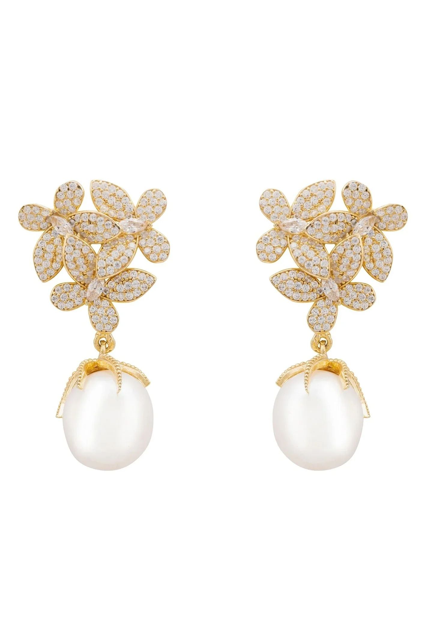 Flowers Baroque Pearl Earrings Gold White - LATELITA Earrings