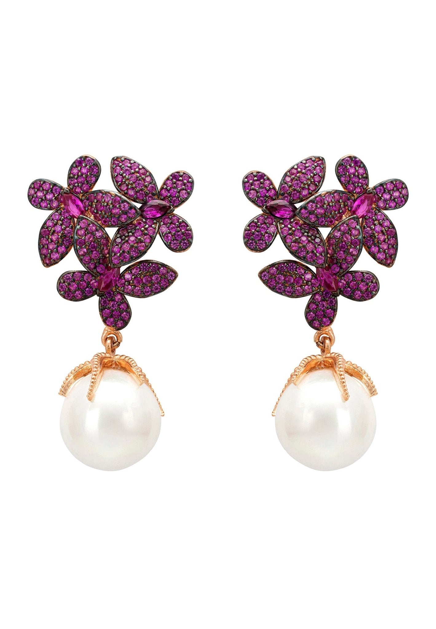 Flowers Baroque Pearl Earrings Ruby Pink Rosegold - LATELITA Earrings
