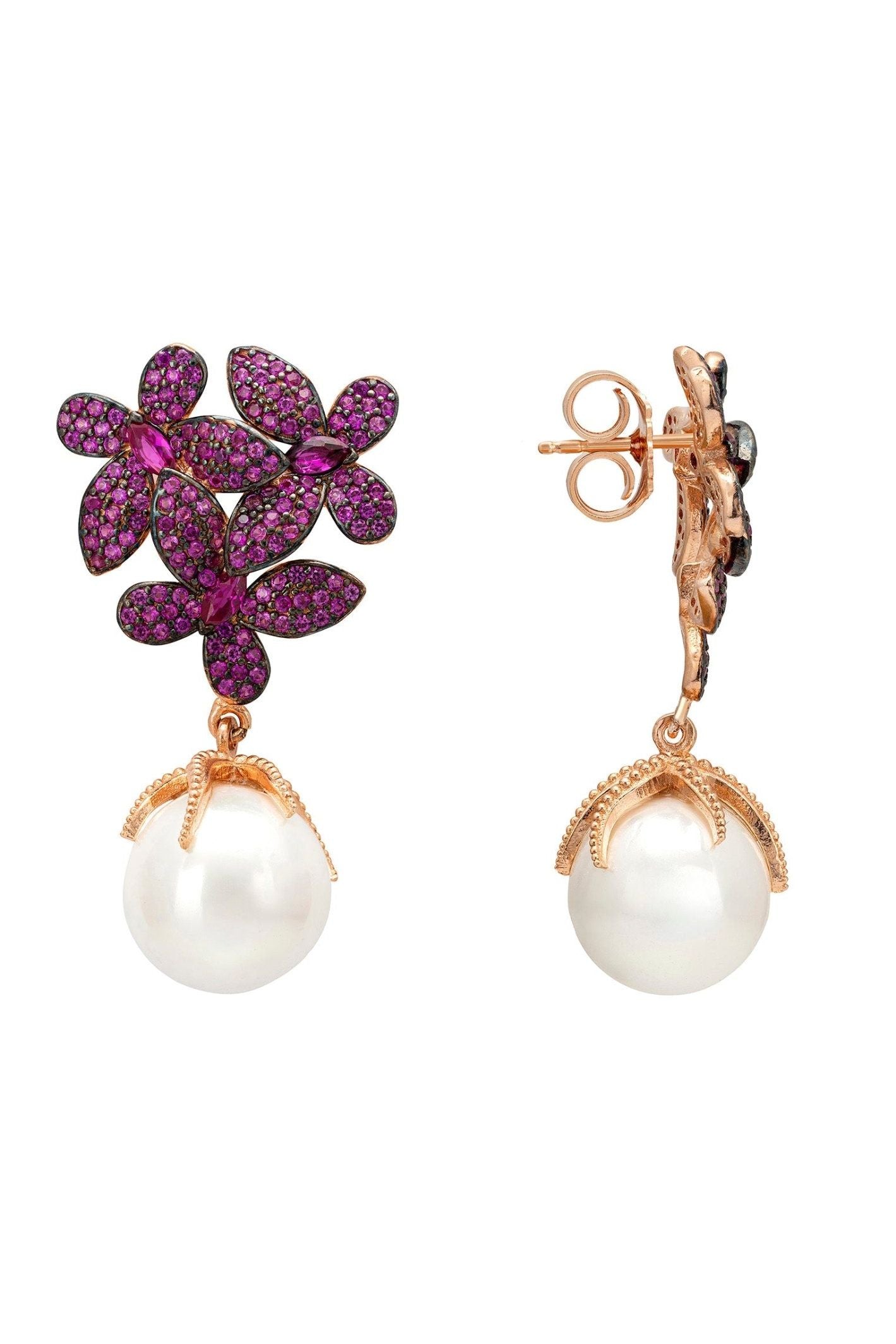Flowers Baroque Pearl Earrings Ruby Pink Rosegold - LATELITA Earrings