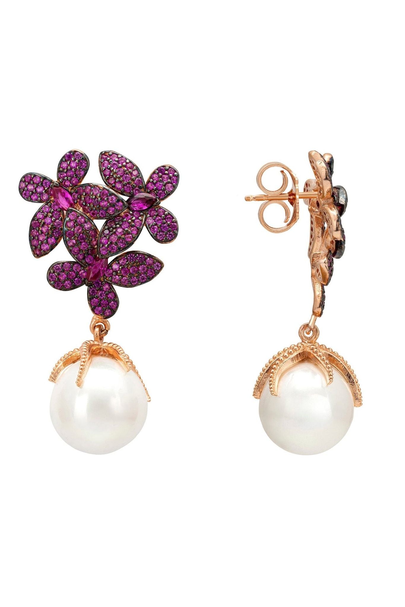 Flowers Baroque Pearl Earrings Ruby Pink Rosegold - LATELITA Earrings