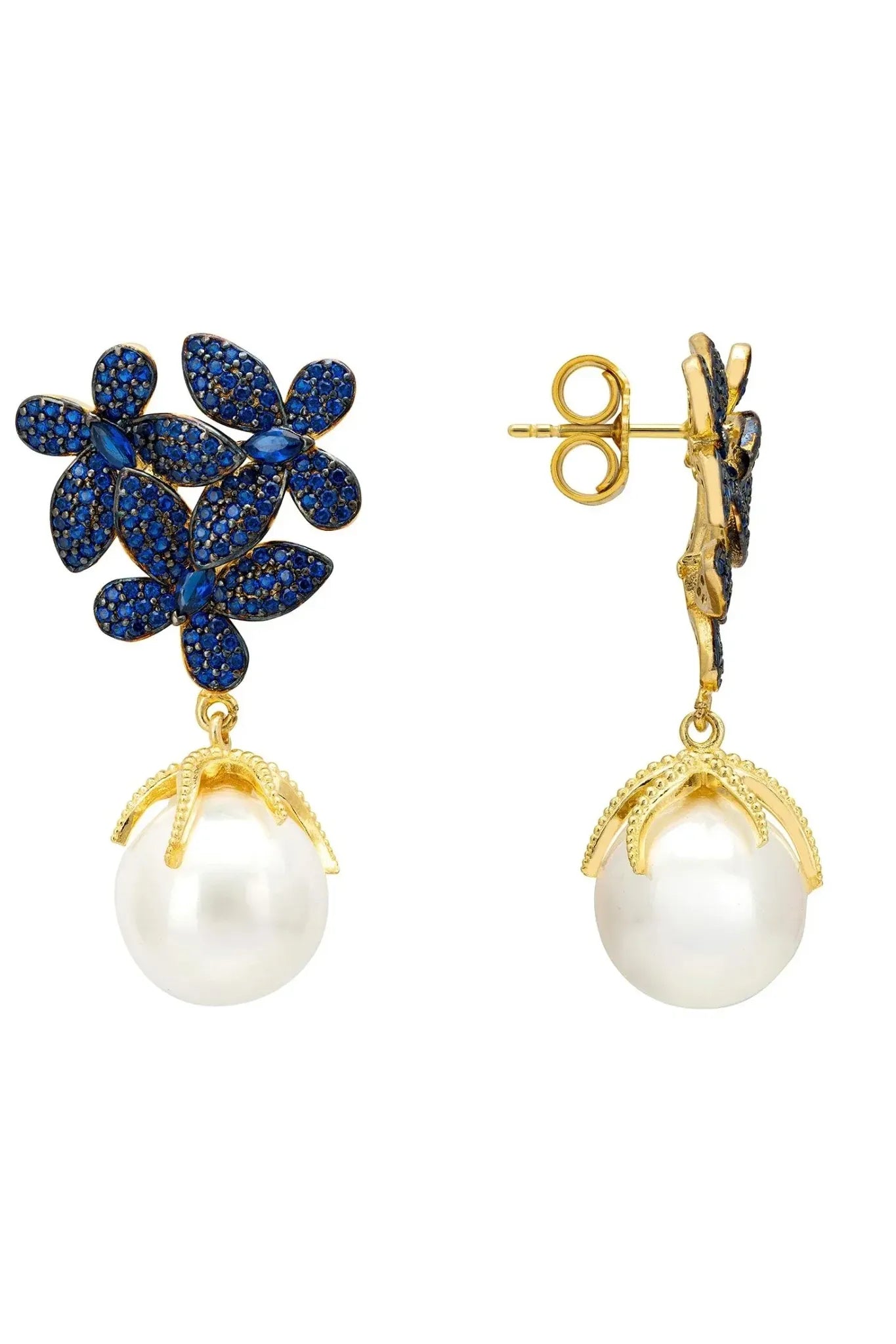 Flowers Baroque Pearl Earrings Sapphire Blue Gold - LATELITA Earrings