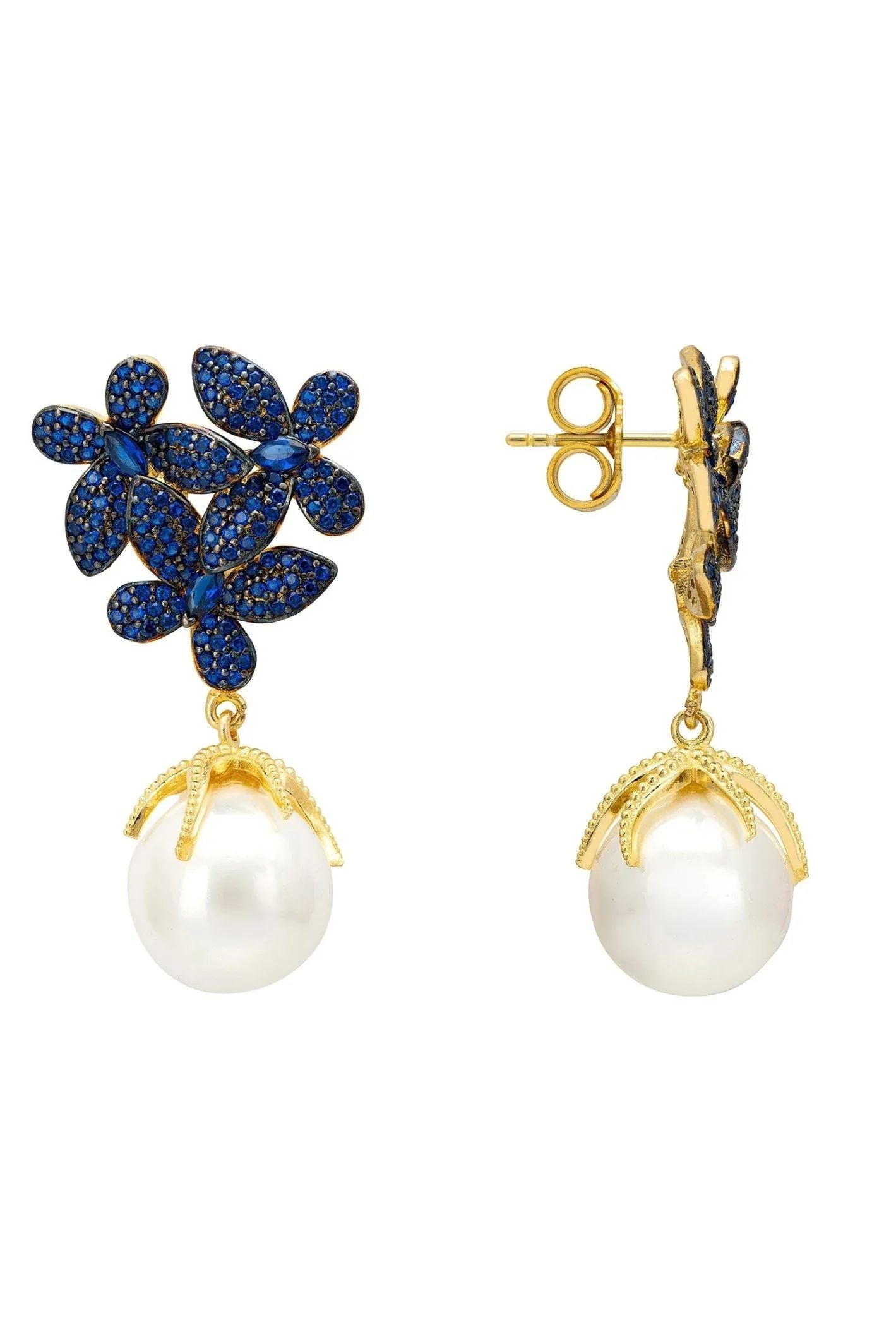 Flowers Baroque Pearl Earrings Sapphire Blue Gold - LATELITA Earrings