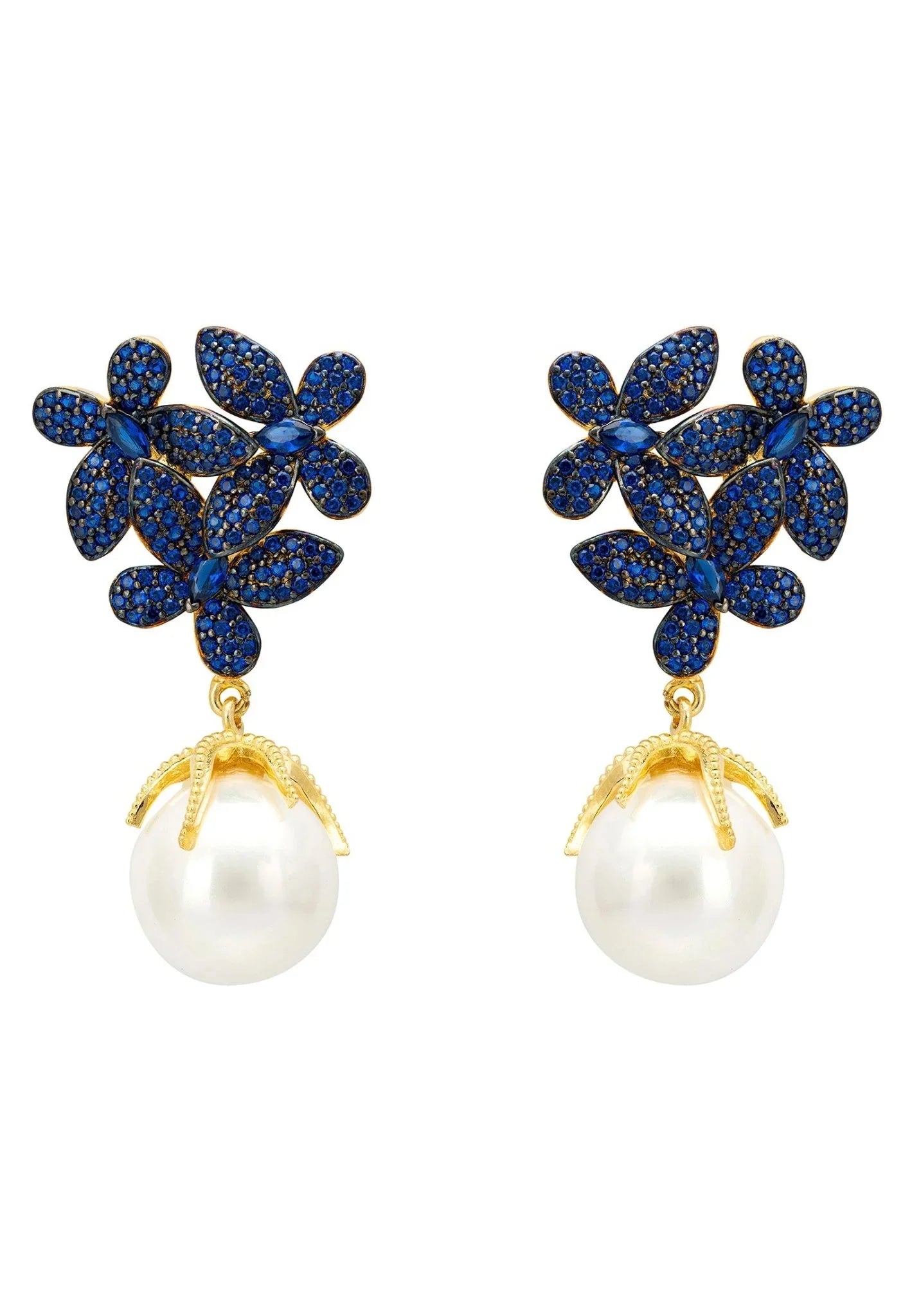 Flowers Baroque Pearl Earrings Sapphire Blue Gold - LATELITA Earrings