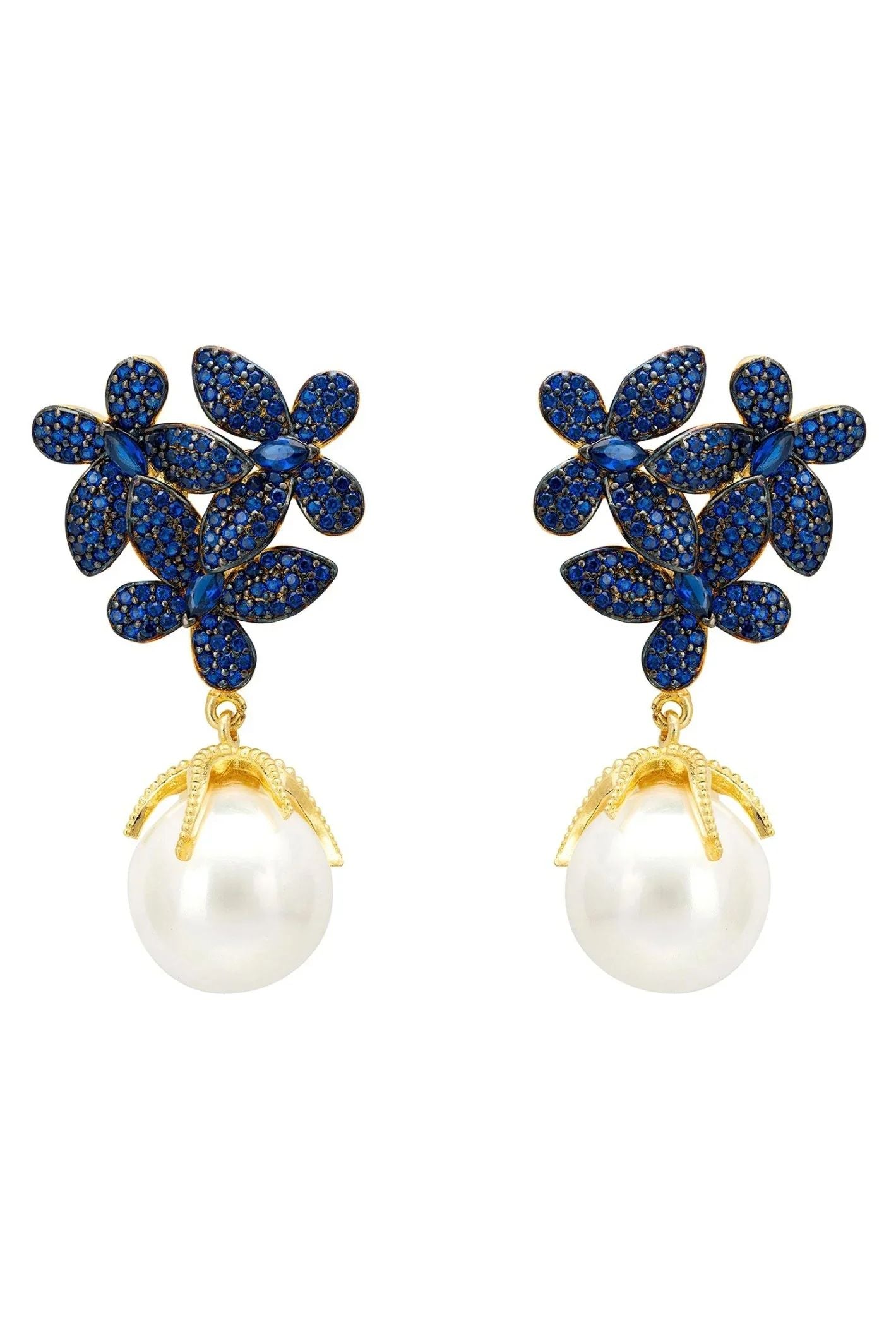 Flowers Baroque Pearl Earrings Sapphire Blue Gold - LATELITA Earrings