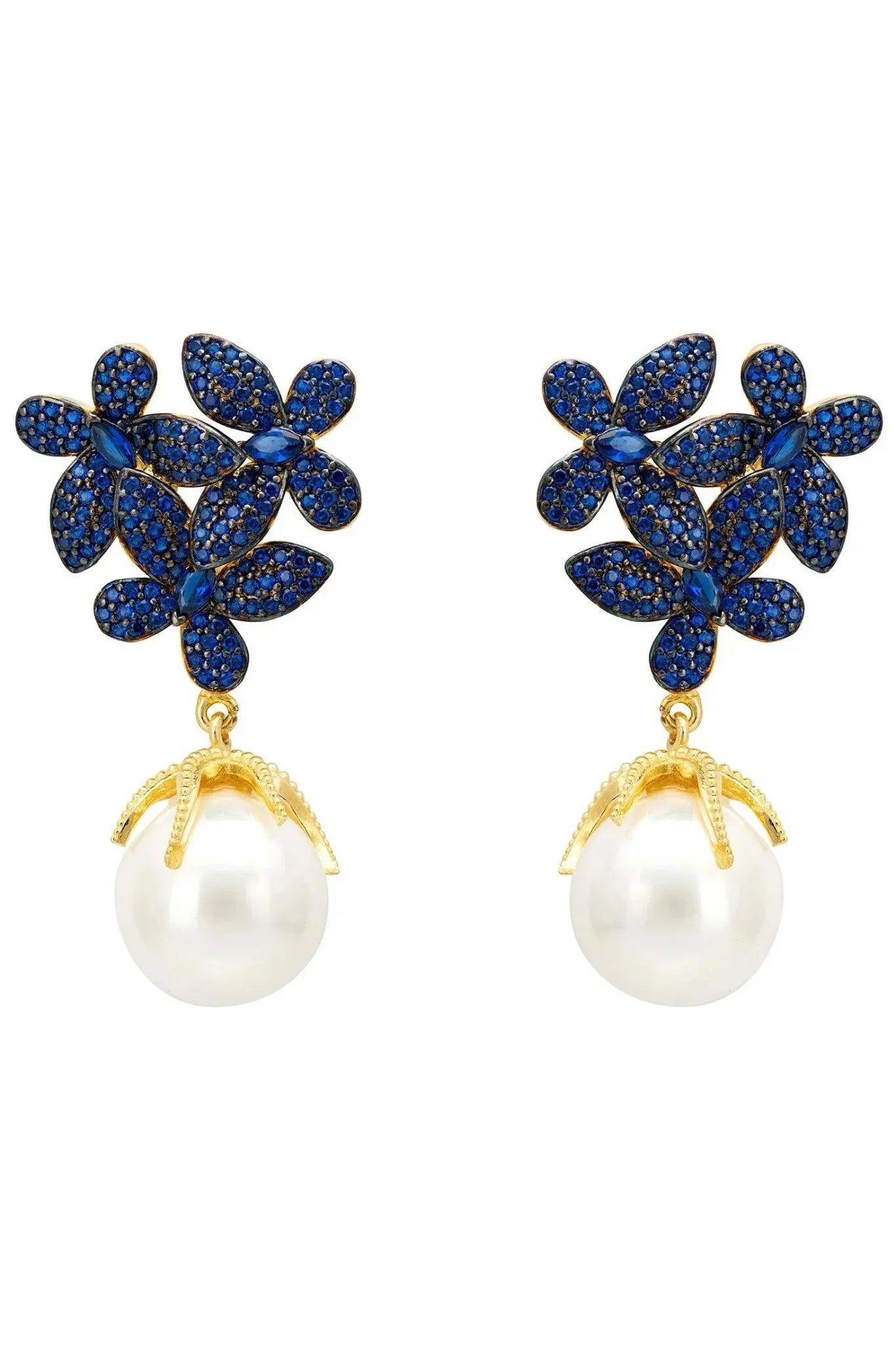 Flowers Baroque Pearl Earrings Sapphire Blue Gold - LATELITA Earrings