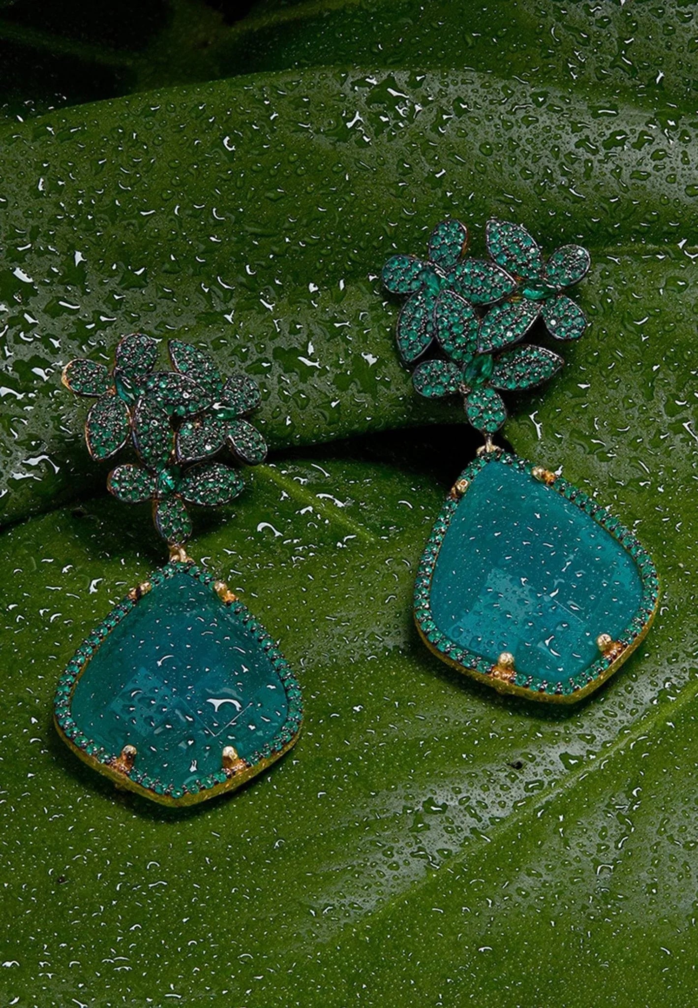 Flowers Green Onyx Teardrop Earrings Gold - LATELITA Earrings