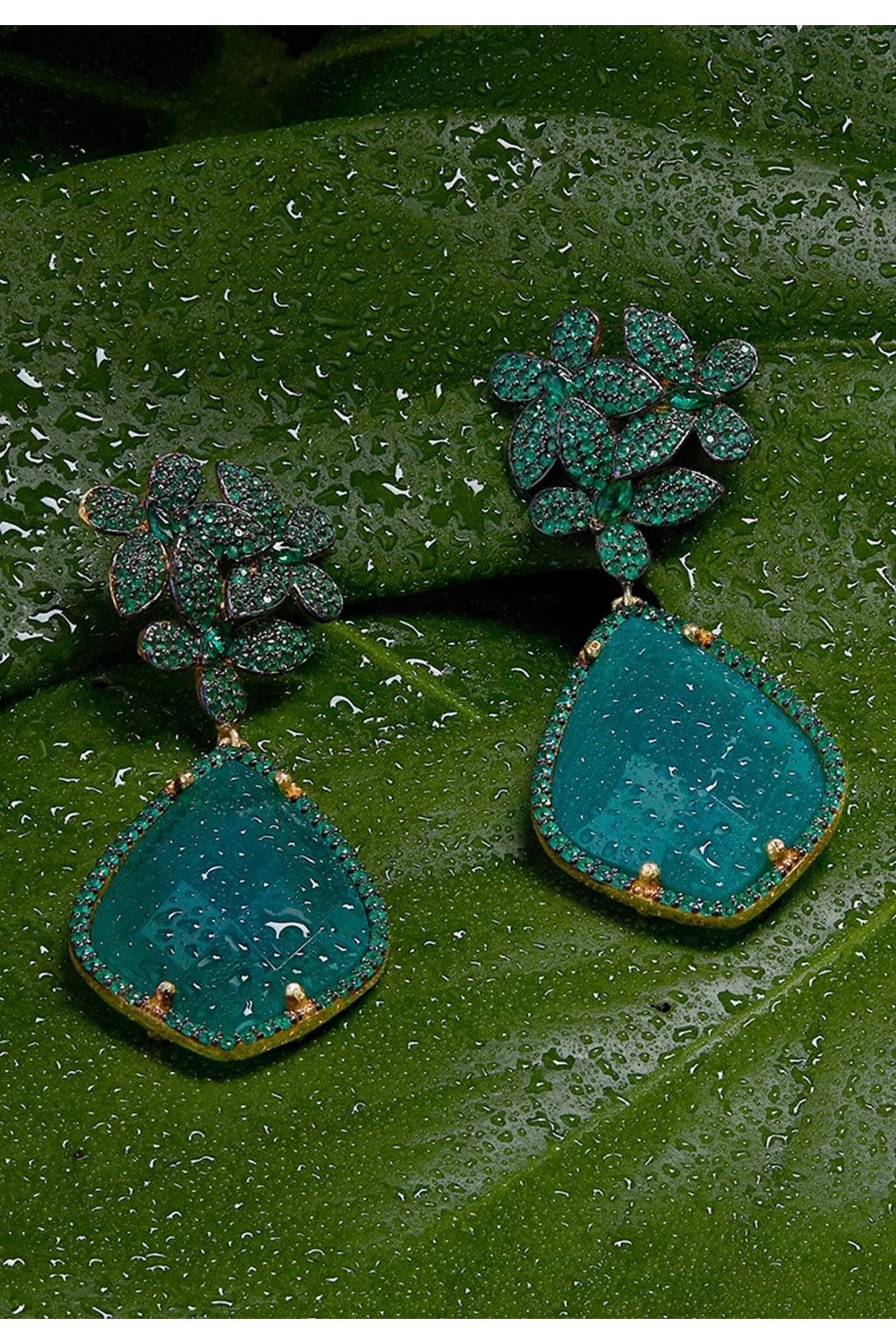 Flowers Green Onyx Teardrop Earrings Gold - LATELITA Earrings