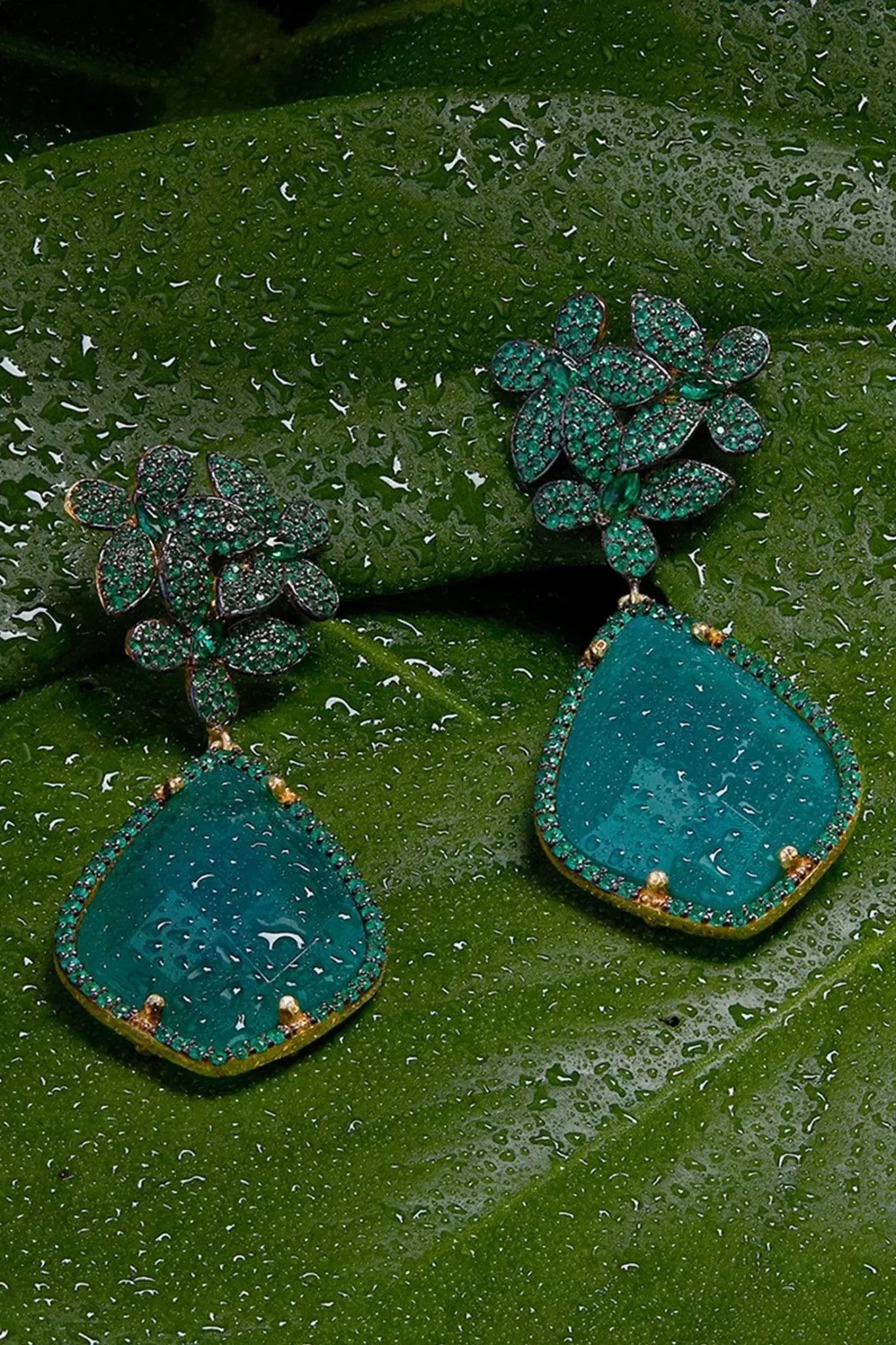 Flowers Green Onyx Teardrop Earrings Gold - LATELITA Earrings