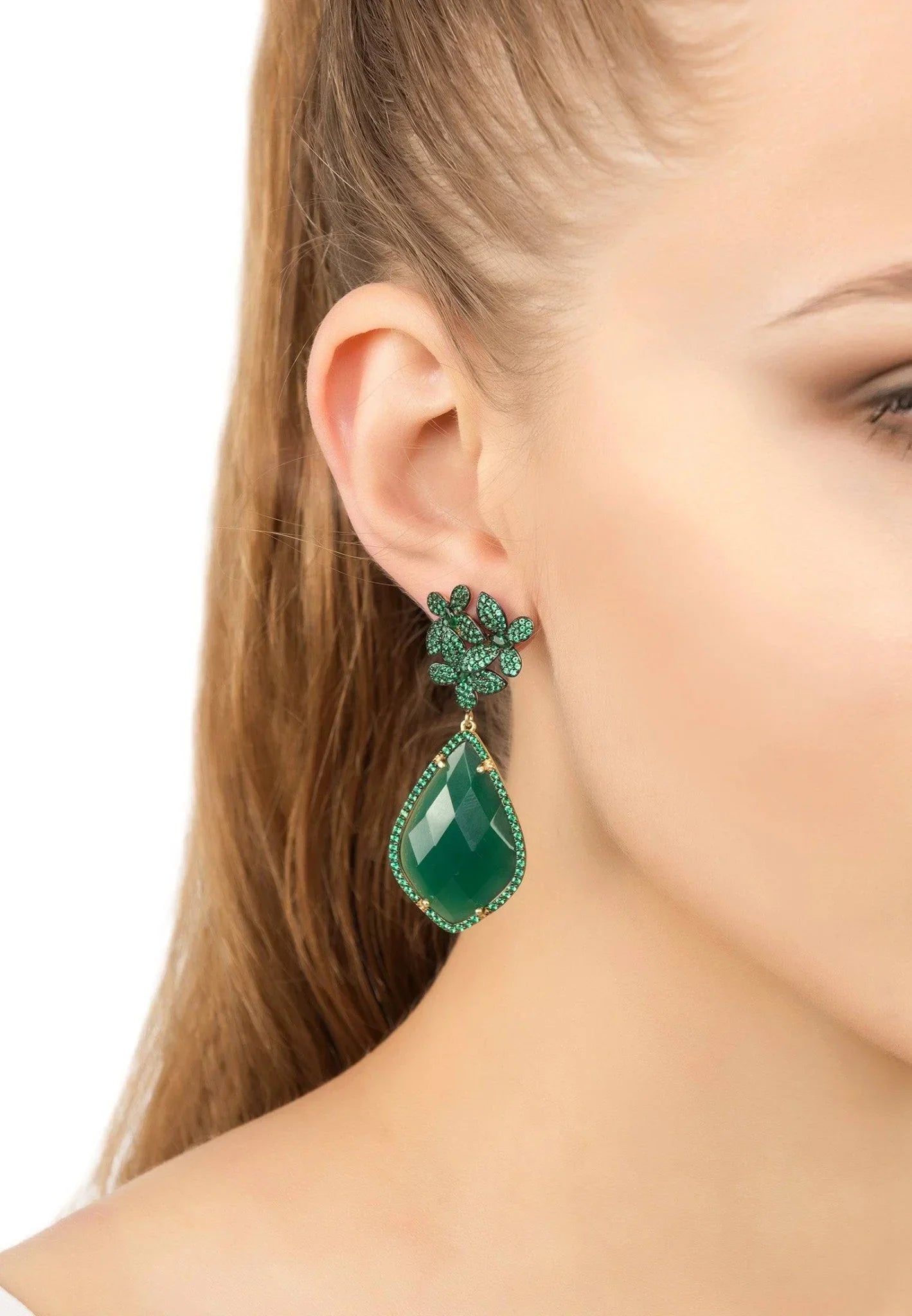 Flowers Green Onyx Teardrop Earrings Gold - LATELITA Earrings