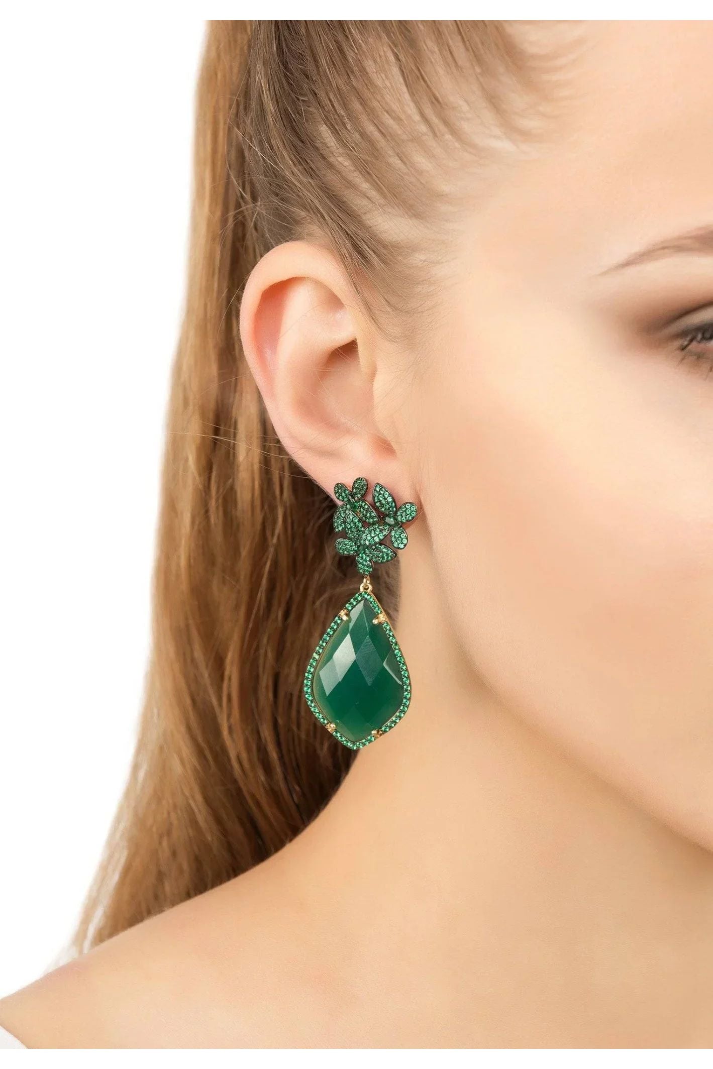 Flowers Green Onyx Teardrop Earrings Gold - LATELITA Earrings