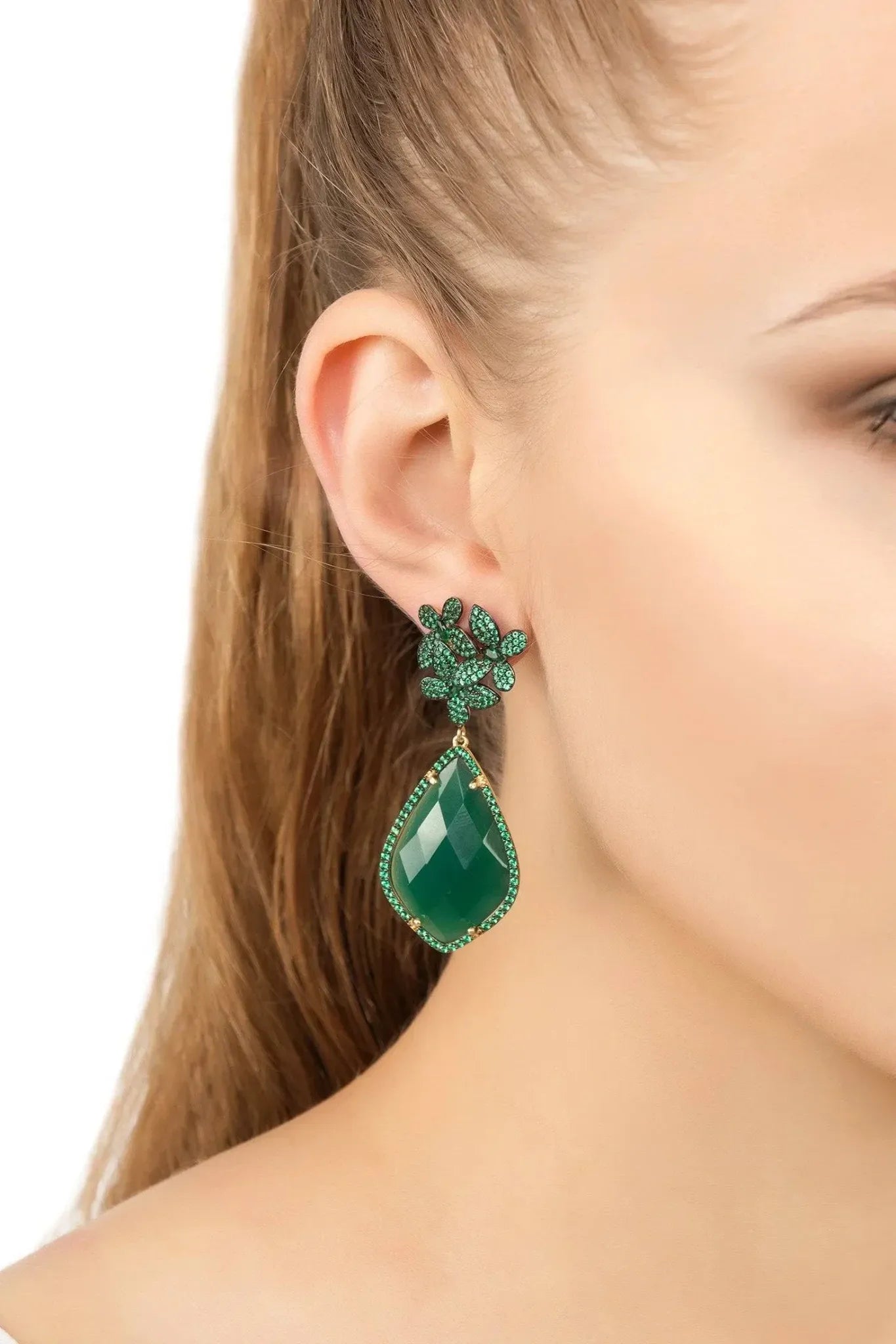 Flowers Green Onyx Teardrop Earrings Gold - LATELITA Earrings