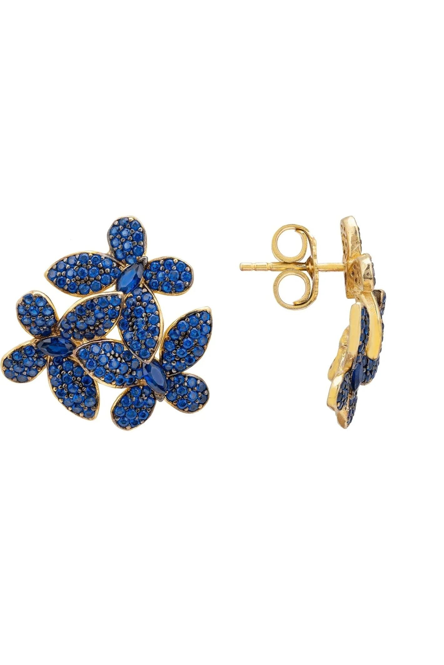 Flowers Large Stud Earrings Sapphire Blue Gold - LATELITA Earrings