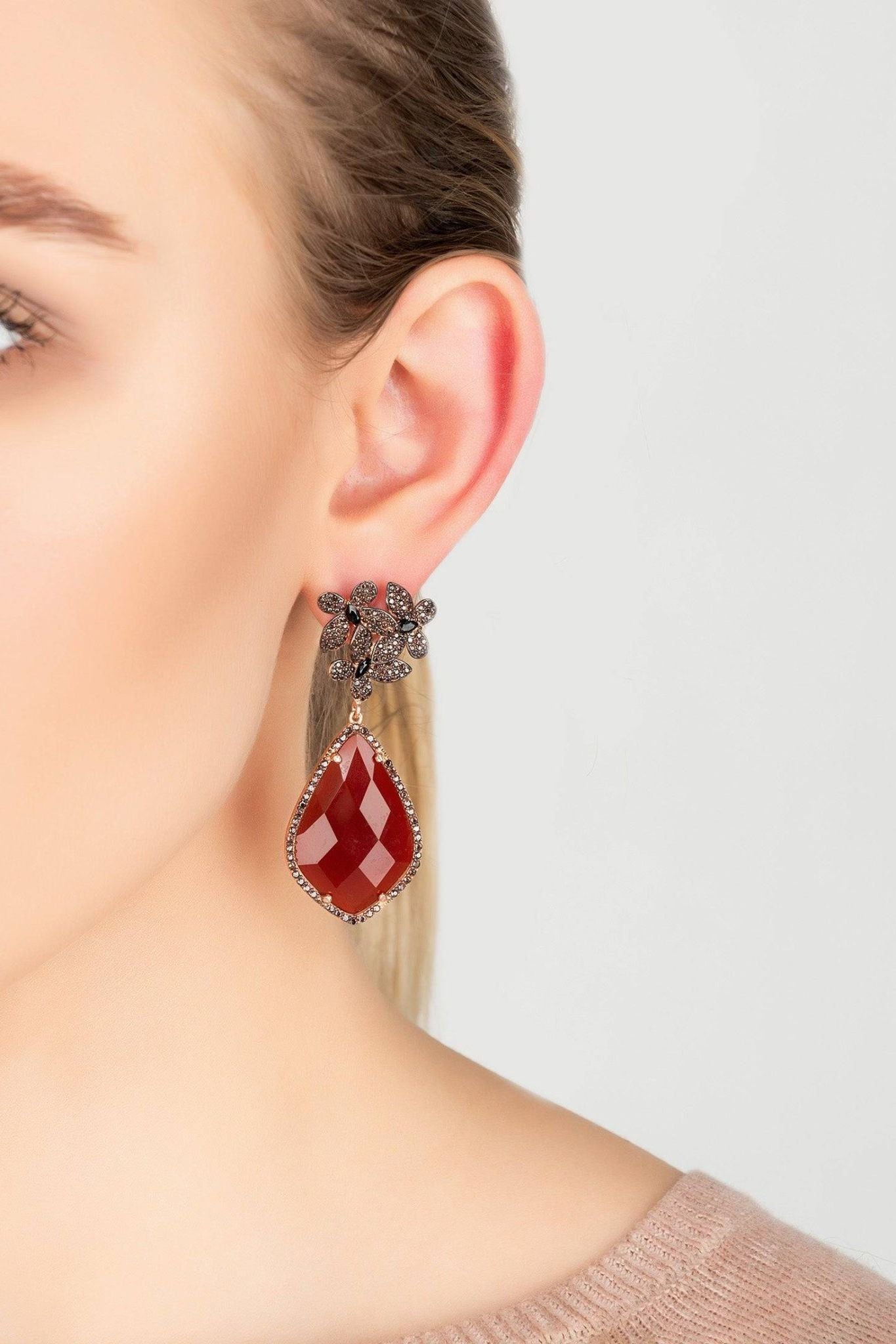 Flowers Teardrop Carnelian Chocolate Cz Rosegold - LATELITA Earrings