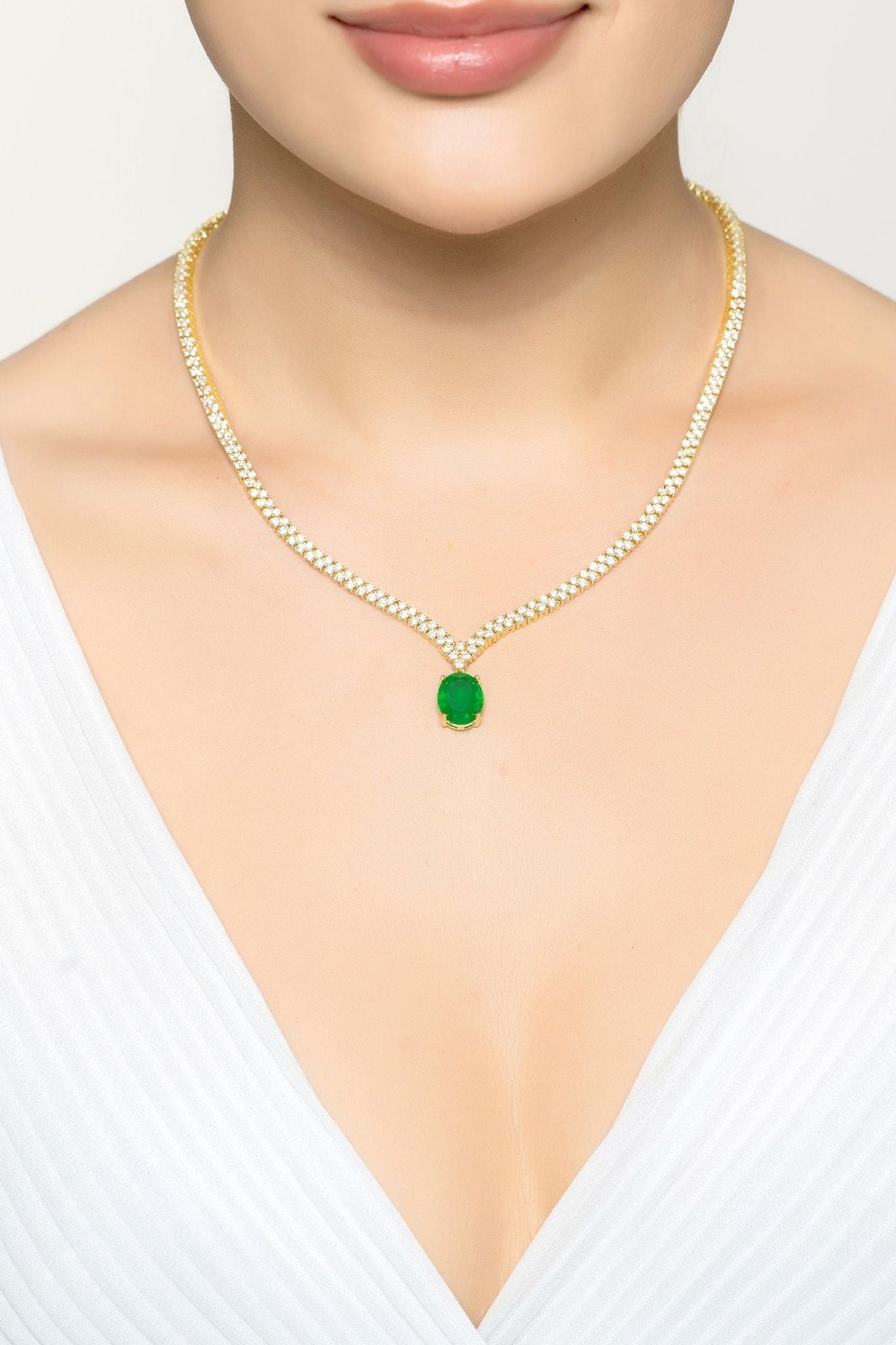 Garbo Oval Gemstone Tennis Necklace Emerald Gold - LATELITA Necklaces