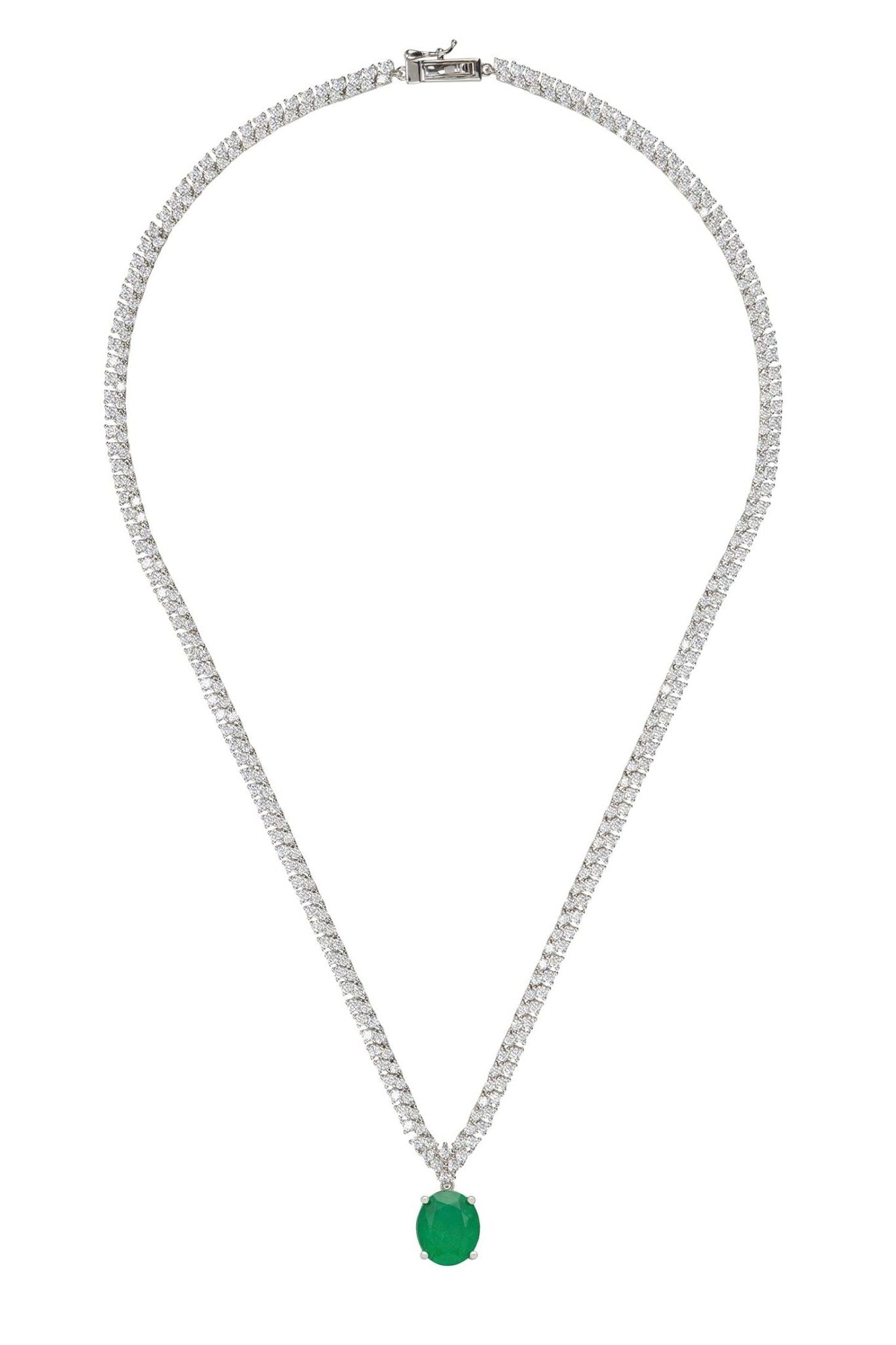 Garbo Oval Gemstone Tennis Necklace Emerald Silver - LATELITA Necklaces