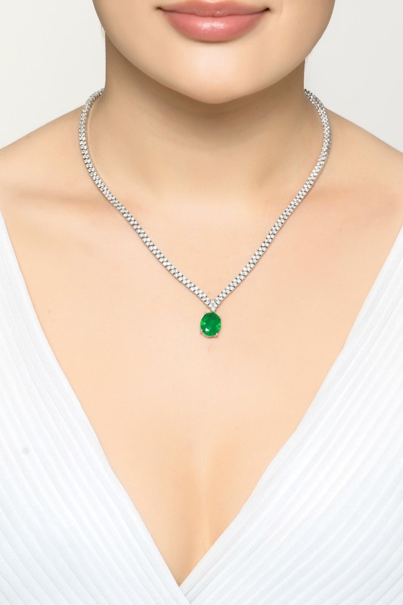 Garbo Oval Gemstone Tennis Necklace Emerald Silver - LATELITA Necklaces