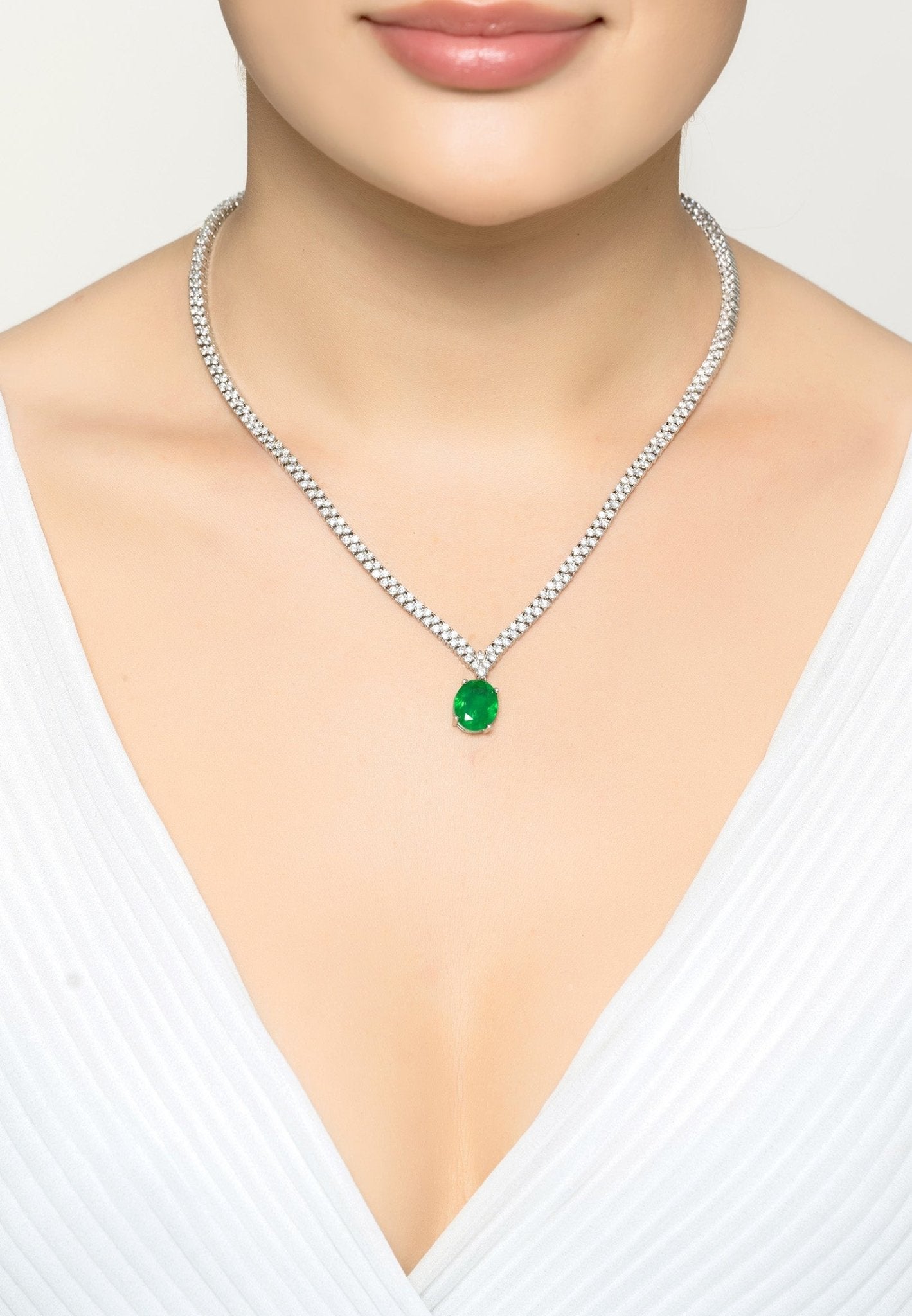 Garbo Oval Gemstone Tennis Necklace Emerald Silver - LATELITA Necklaces