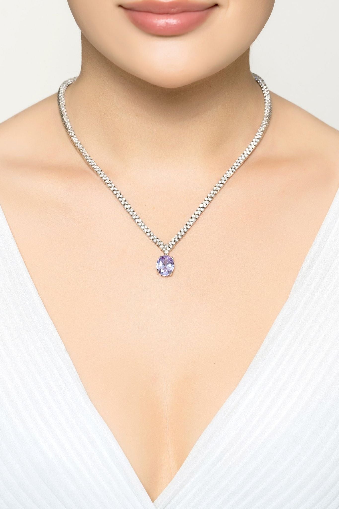 Garbo Oval Gemstone Tennis Necklace Lilac Amethyst Silver - LATELITA Necklaces