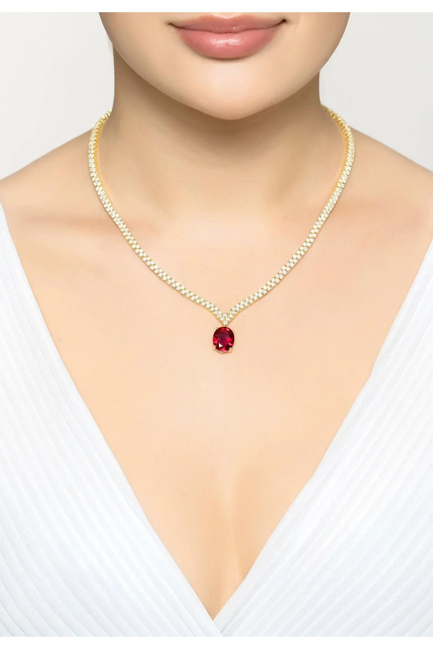 Garbo Oval Gemstone Tennis Necklace Ruby Gold - LATELITA Necklaces