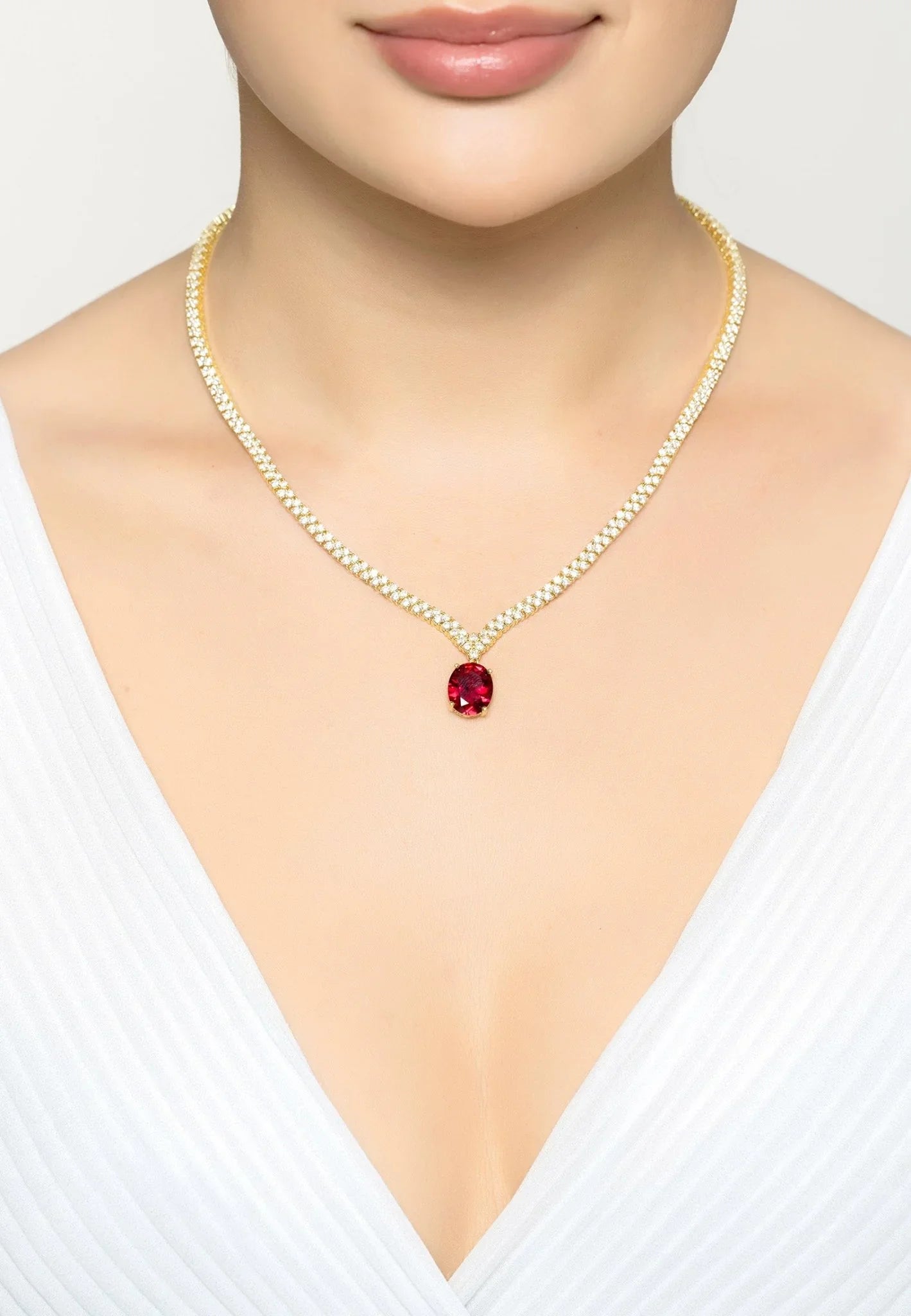 Garbo Oval Gemstone Tennis Necklace Ruby Gold - LATELITA Necklaces