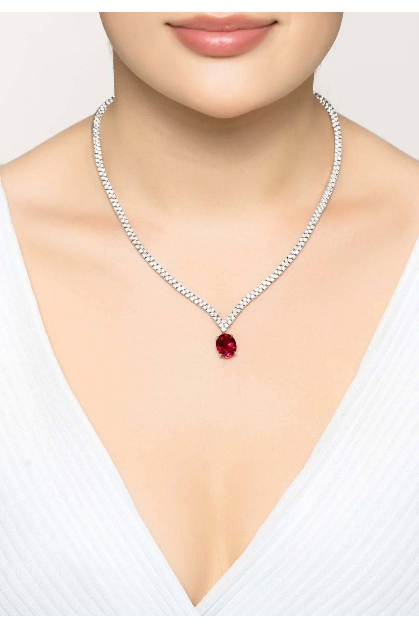 Garbo Oval Gemstone Tennis Necklace Ruby Silver - LATELITA Necklaces
