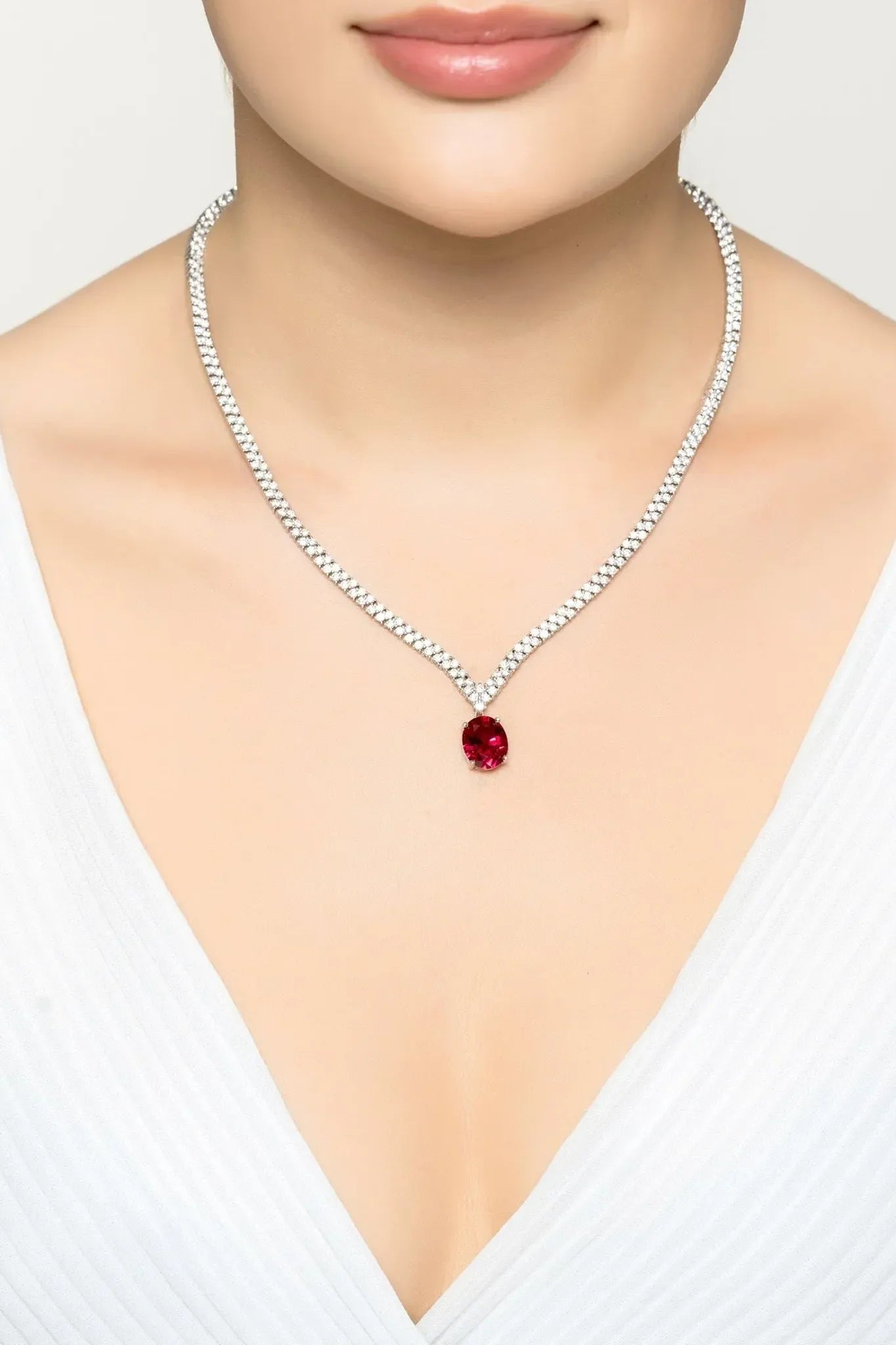 Garbo Oval Gemstone Tennis Necklace Ruby Silver - LATELITA Necklaces
