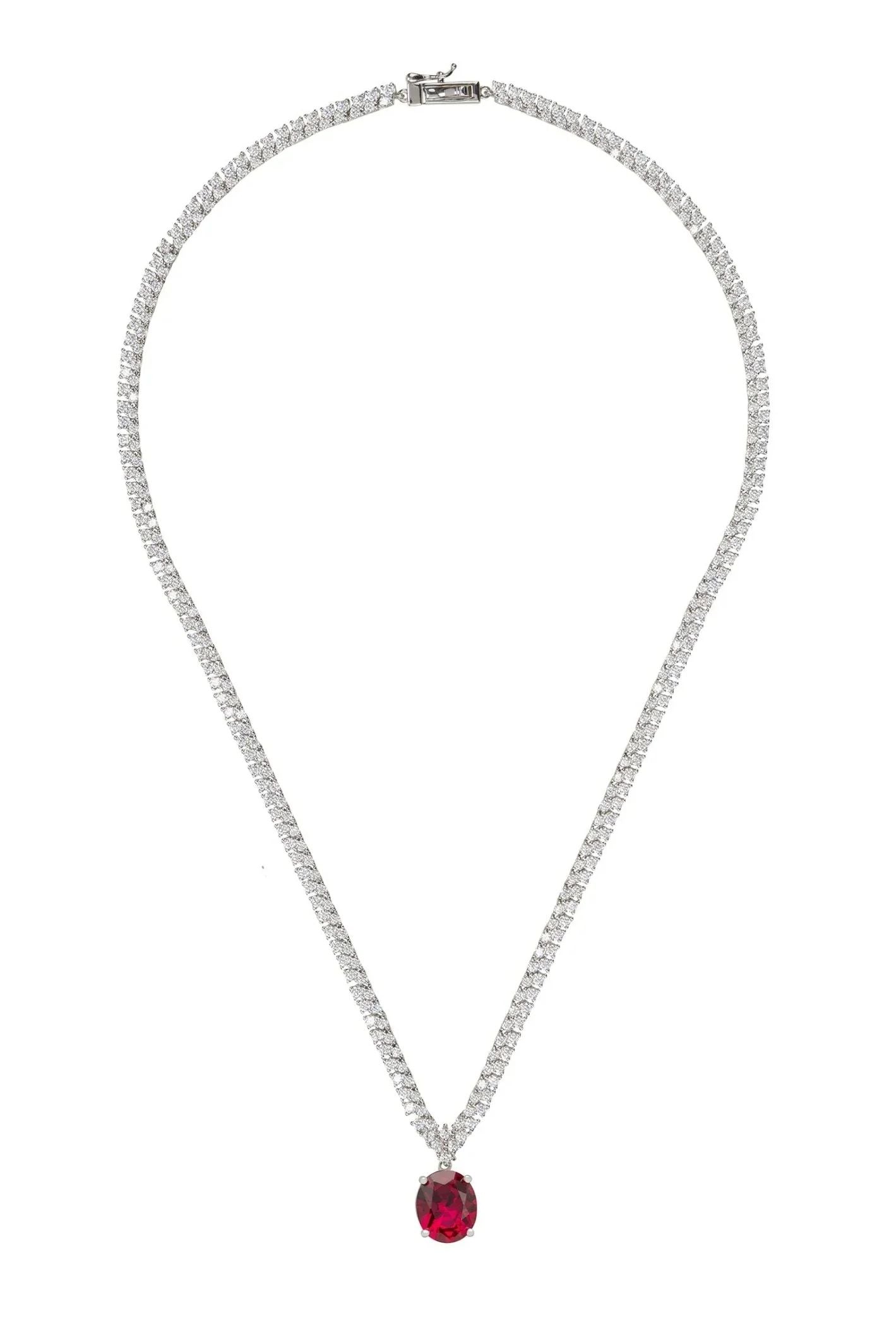 Garbo Oval Gemstone Tennis Necklace Ruby Silver - LATELITA Necklaces