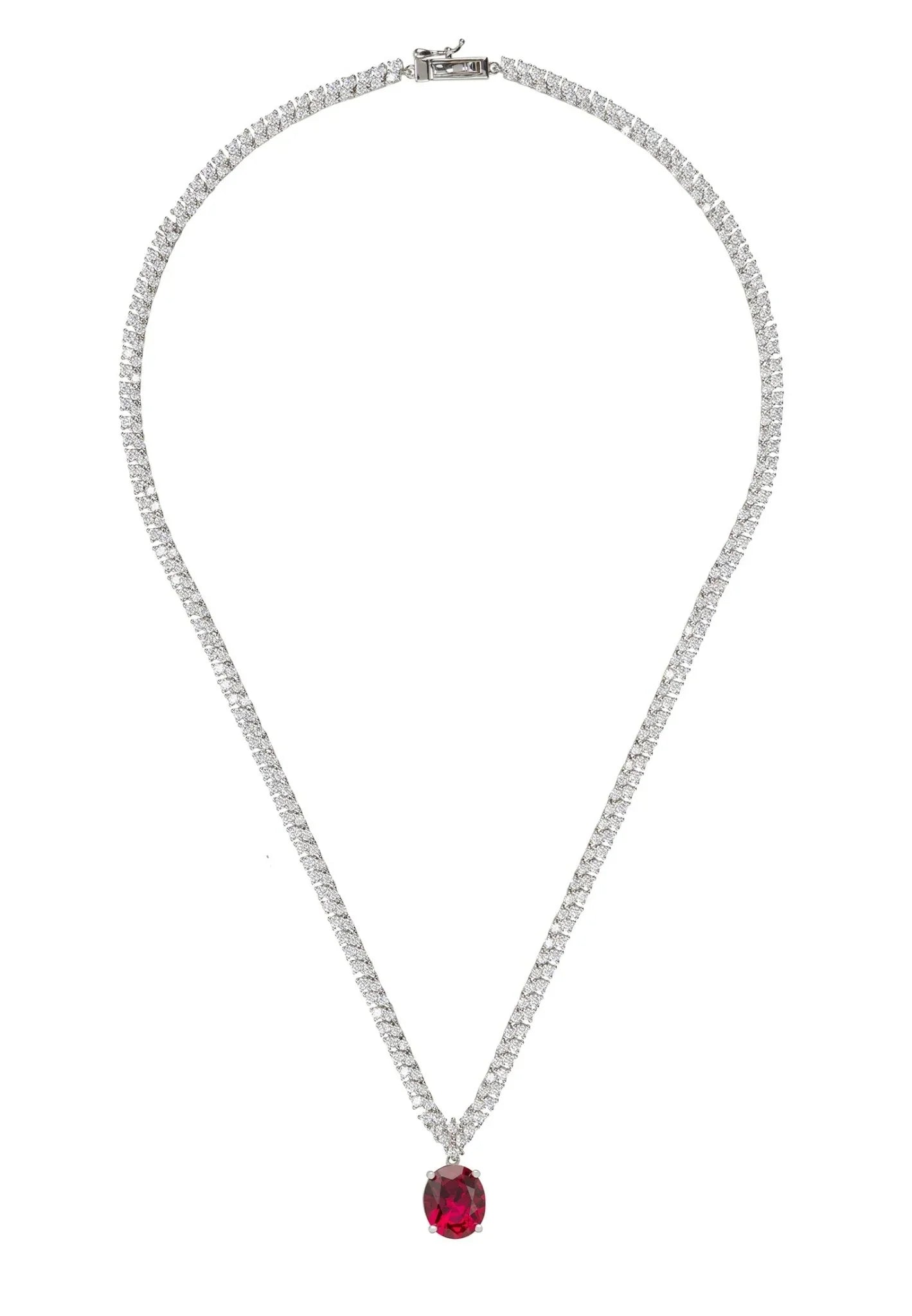 Garbo Oval Gemstone Tennis Necklace Ruby Silver - LATELITA Necklaces