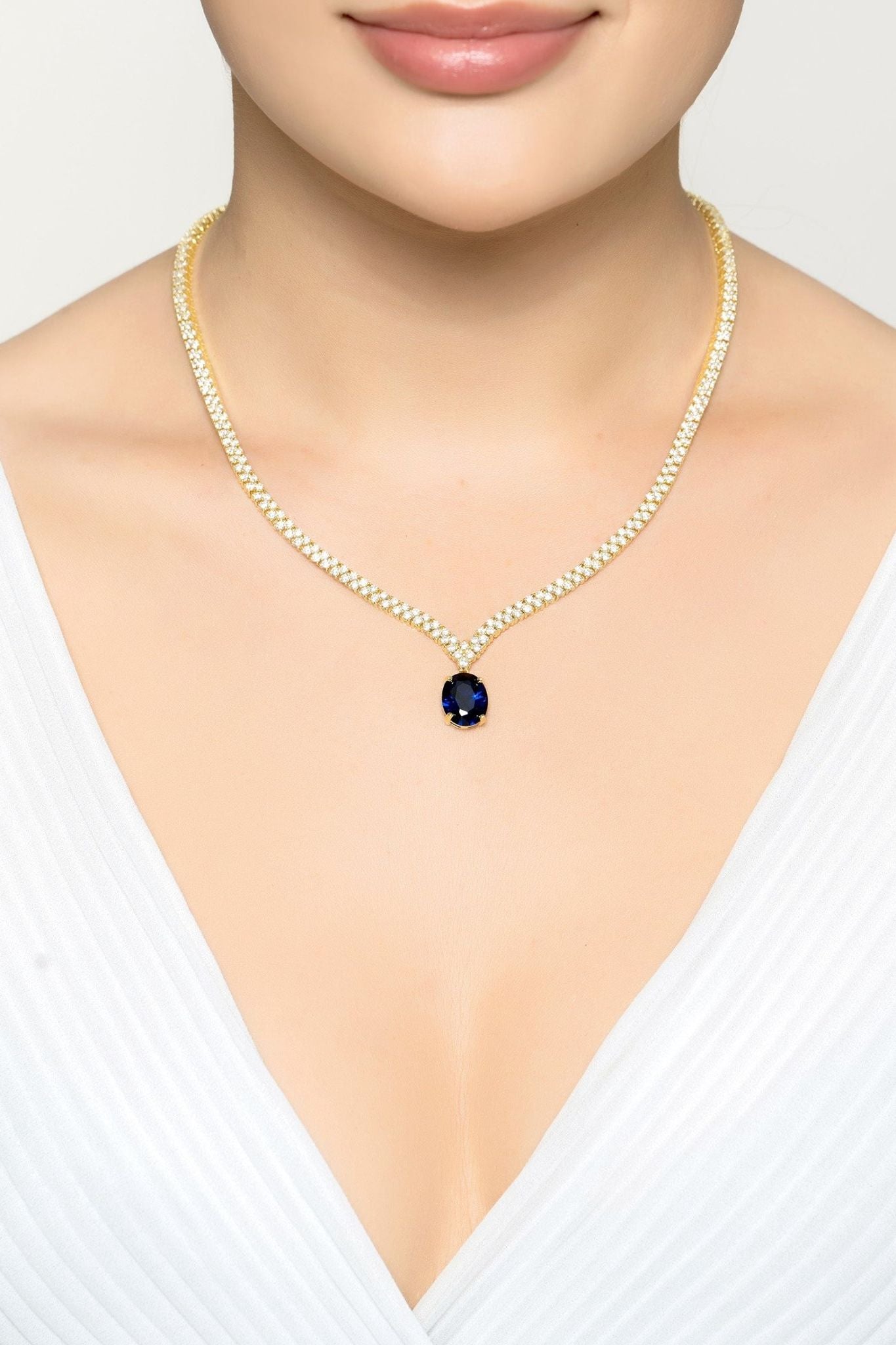 Garbo Oval Gemstone Tennis Necklace Sapphire Gold - LATELITA Necklaces