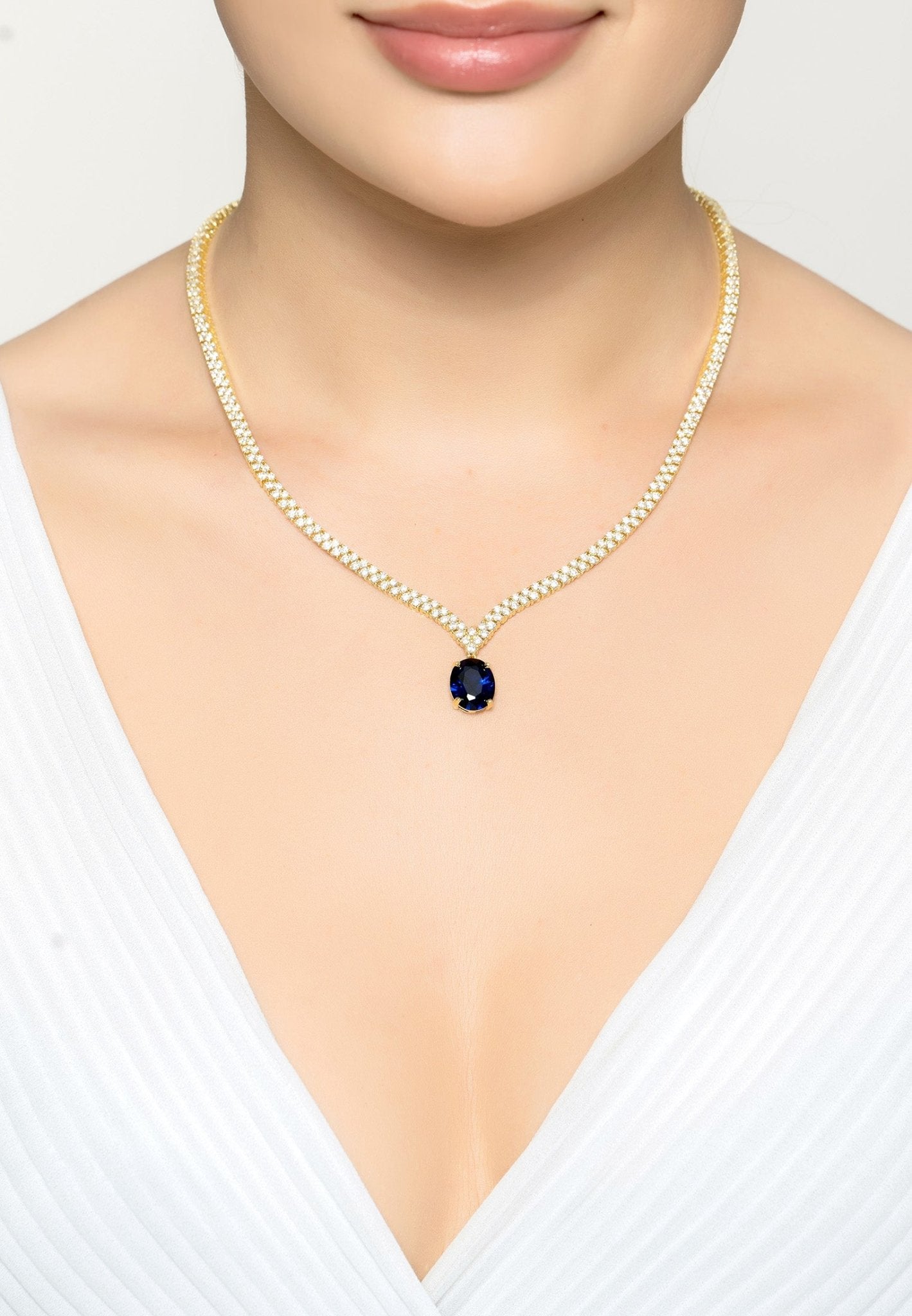 Garbo Oval Gemstone Tennis Necklace Sapphire Gold - LATELITA Necklaces