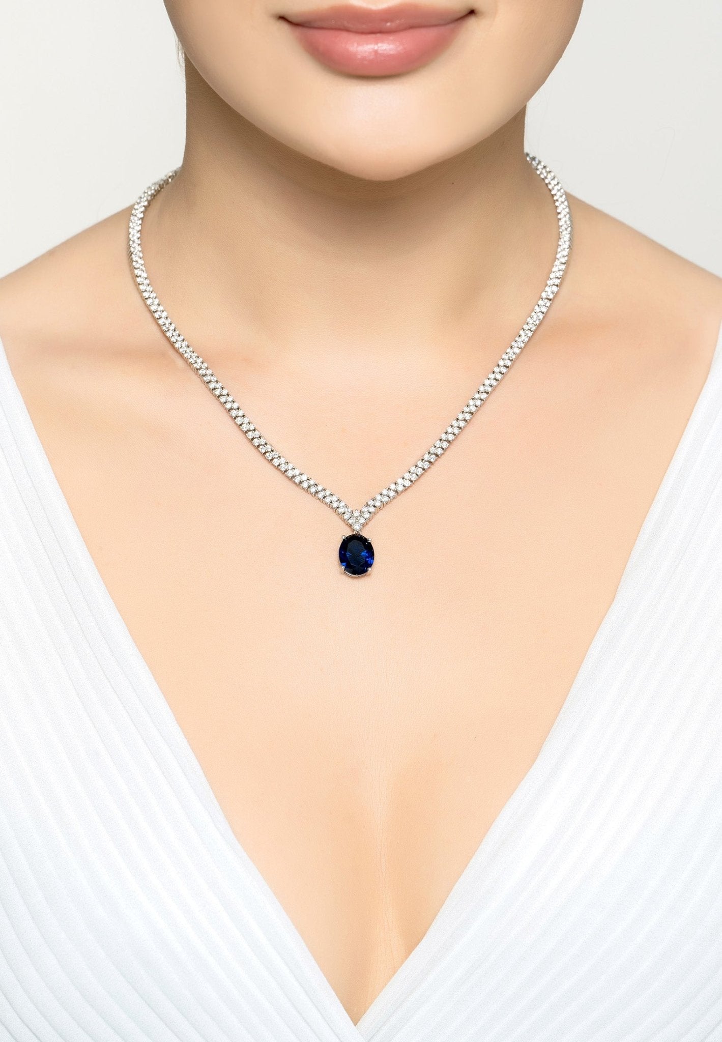 Garbo Oval Gemstone Tennis Necklace Sapphire Silver - LATELITA Necklaces