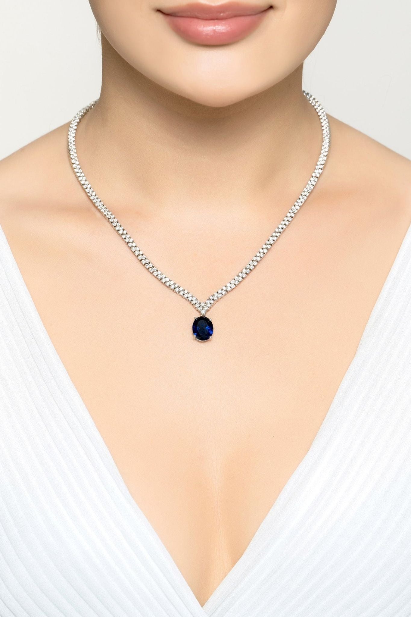 Garbo Oval Gemstone Tennis Necklace Sapphire Silver - LATELITA Necklaces