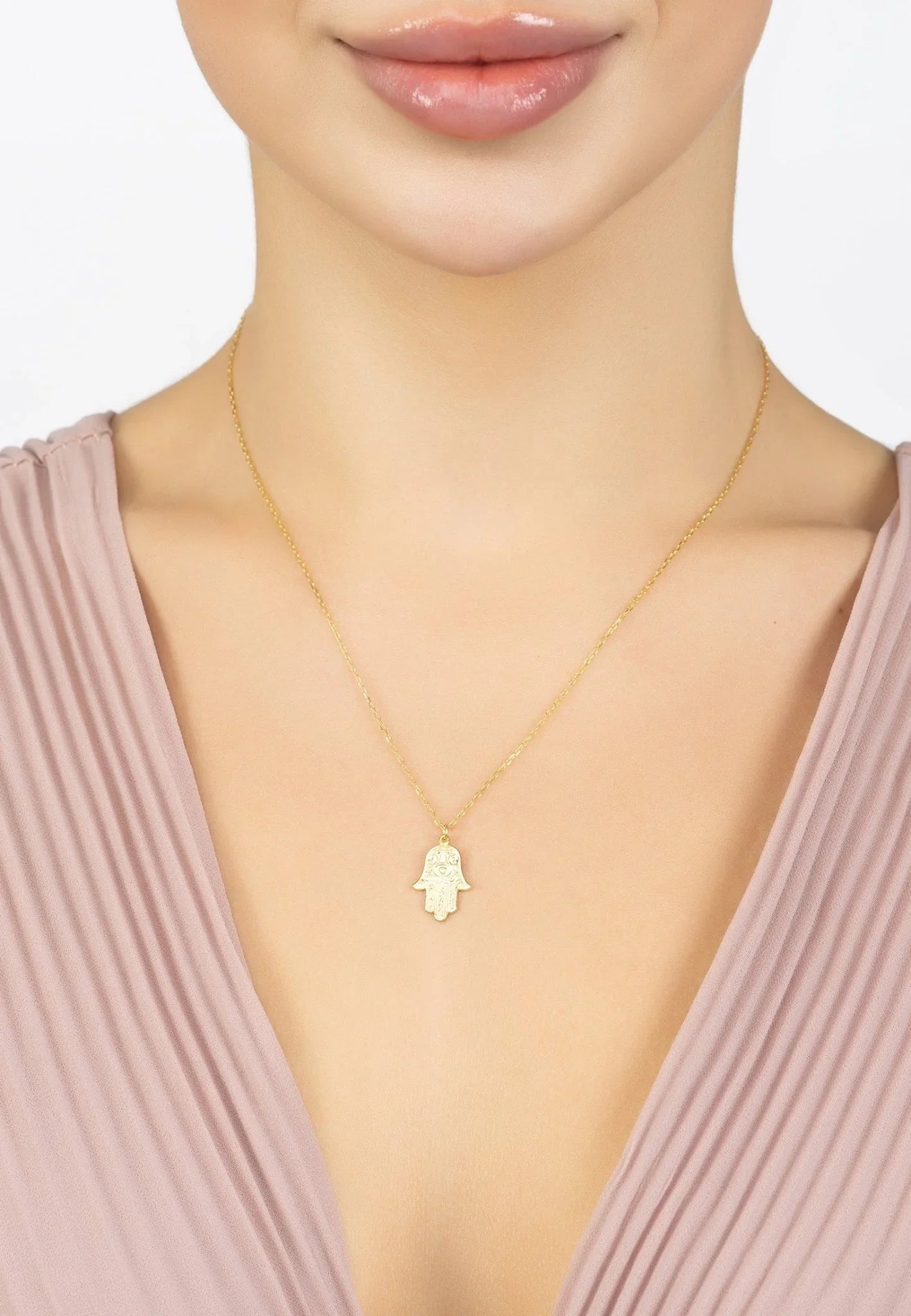 Hamsa Evil Eye Embossed Pendant Necklace Gold - LATELITA Necklaces