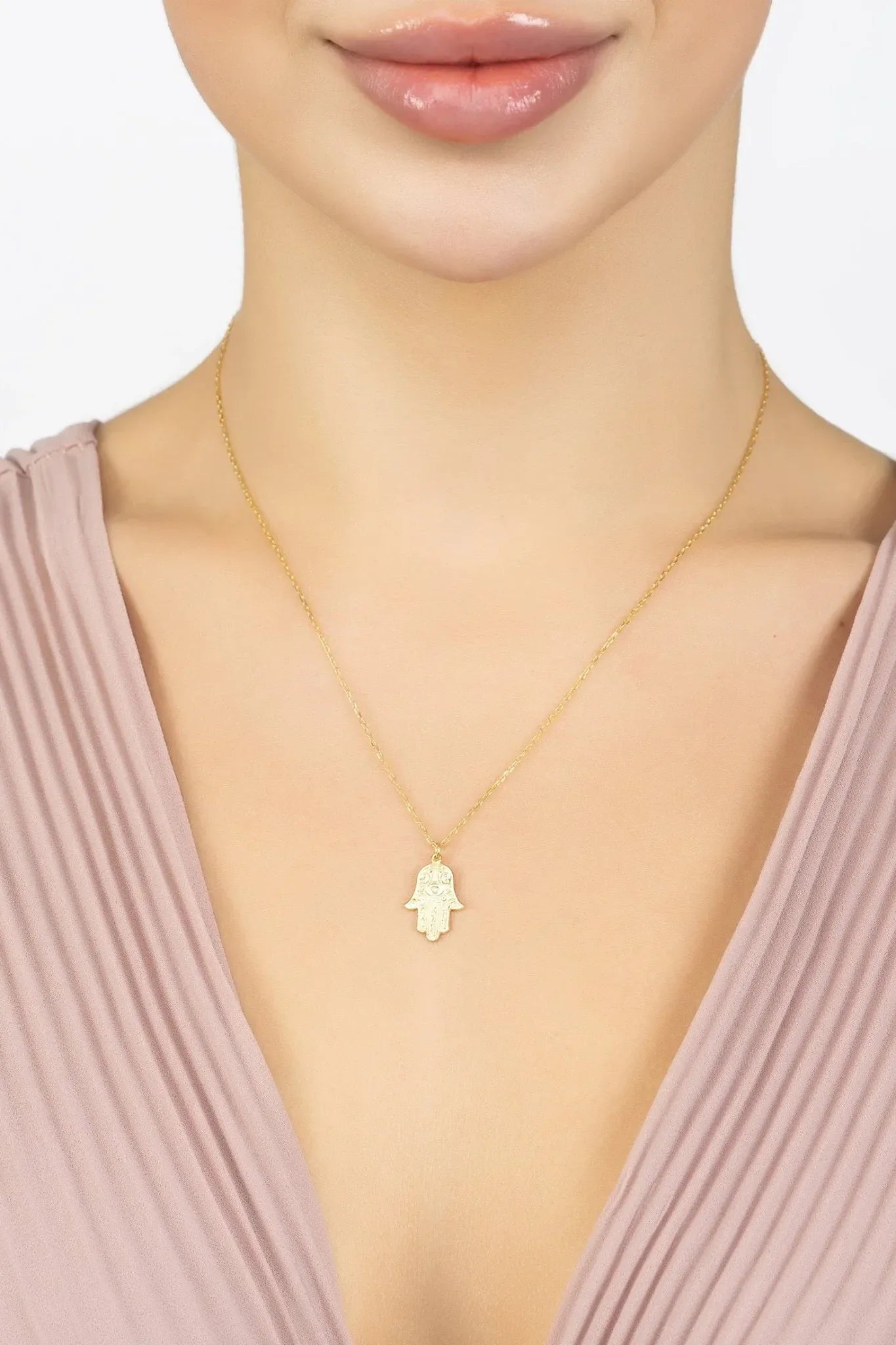 Hamsa Evil Eye Embossed Pendant Necklace Gold - LATELITA Necklaces