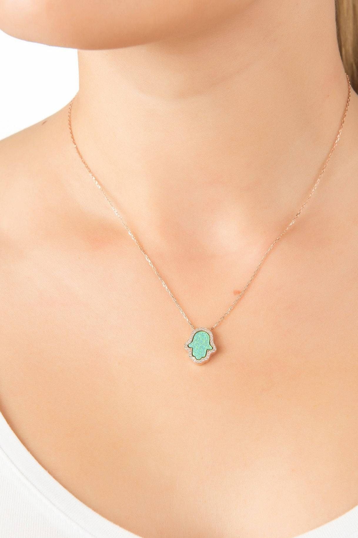 Hamsa Green Opalite Necklace Rosegold - LATELITA Necklaces