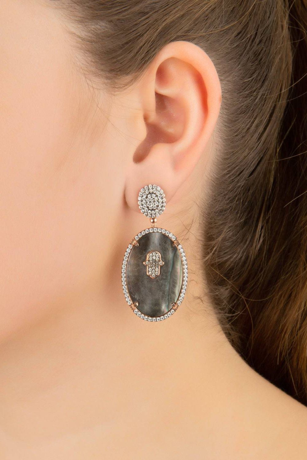 Hamsa Grey Mother Of Pearl Oval Earrings - LATELITA Earrings