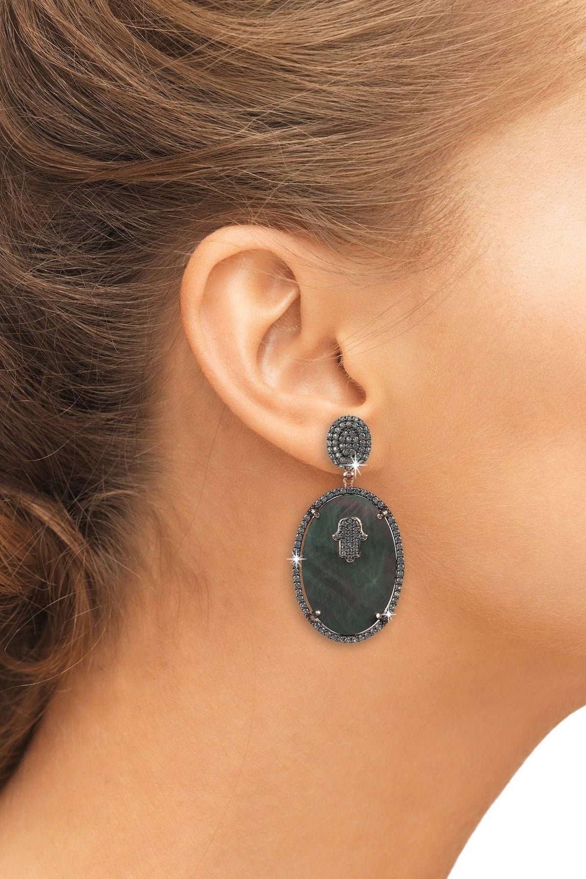 Hamsa Grey Mother Of Pearl Oval Earrings - LATELITA Earrings