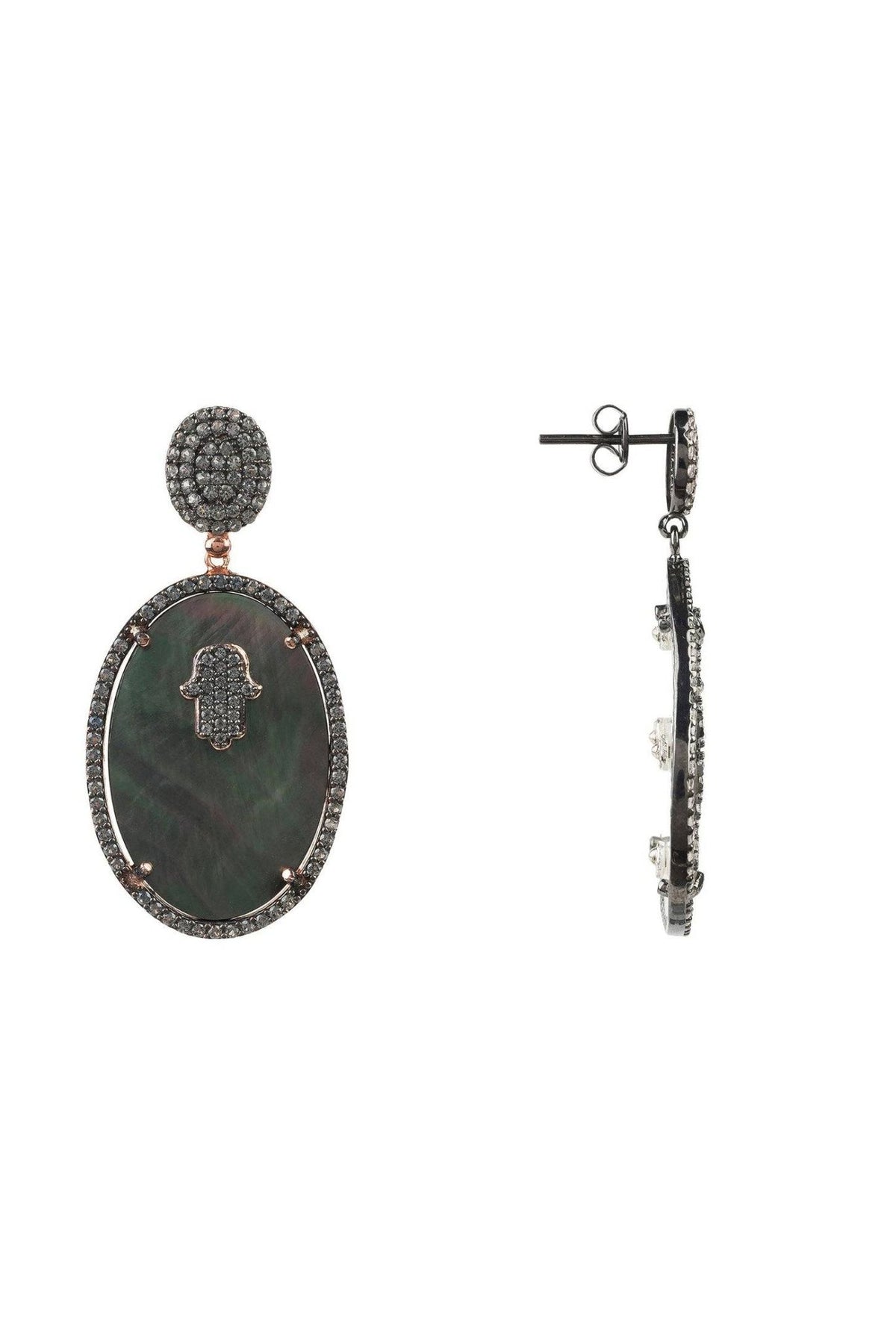 Hamsa Grey Mother Of Pearl Oval Earrings - LATELITA Earrings