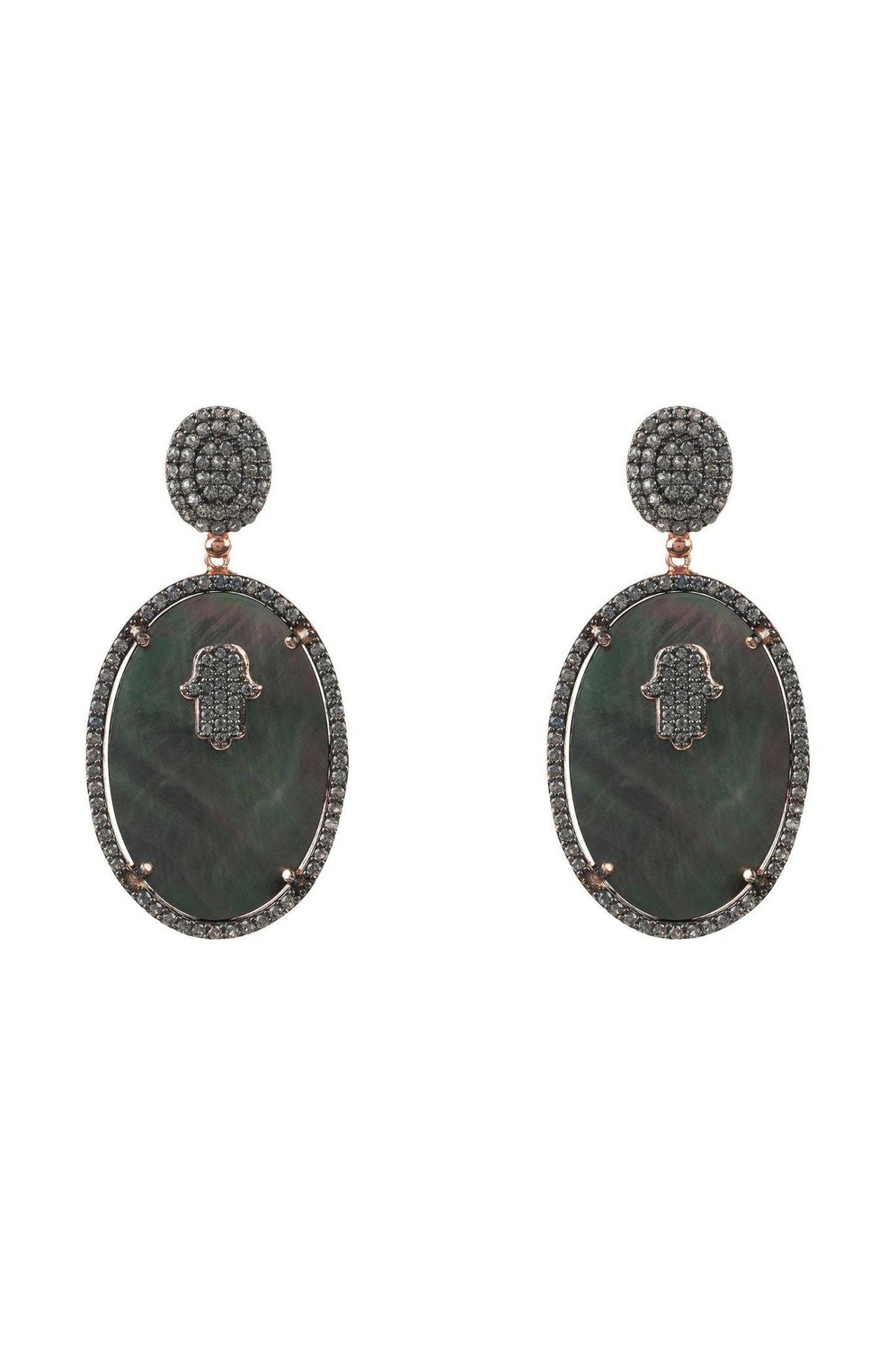 Hamsa Grey Mother Of Pearl Oval Earrings - LATELITA Earrings