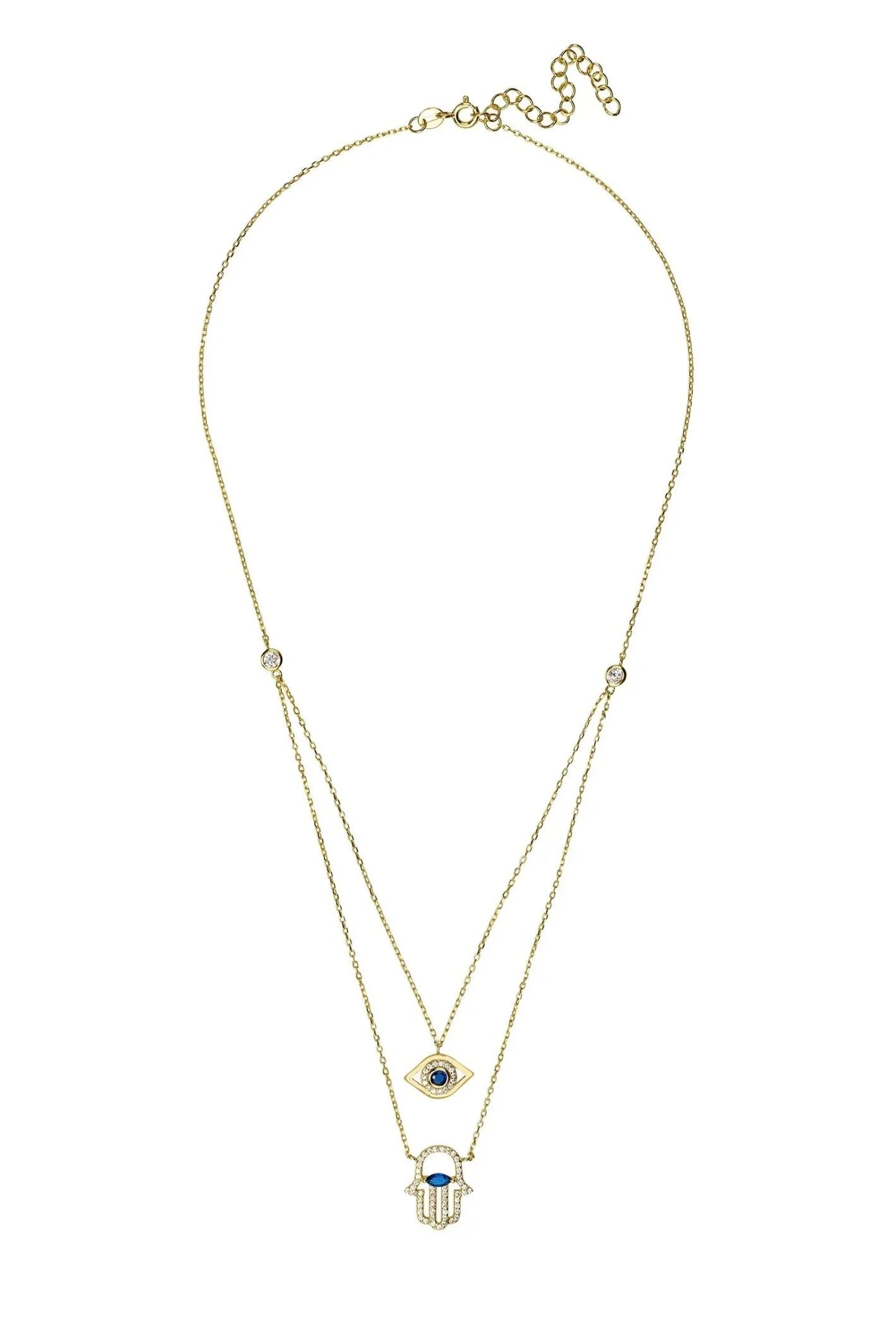 Hamsa Hand And Evil Eye Layered Necklace Gold - LATELITA Necklaces