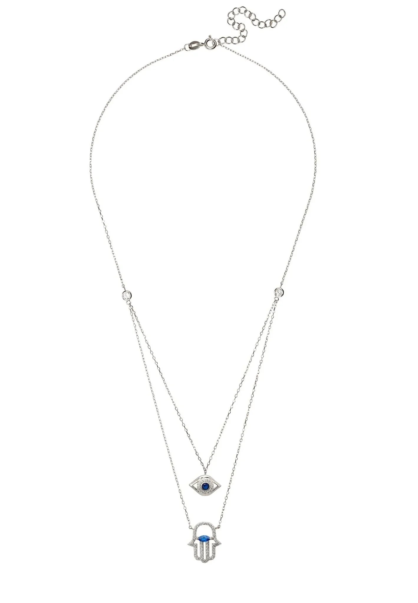 Hamsa Hand And Evil Eye Layered Necklace Silver - LATELITA Necklaces